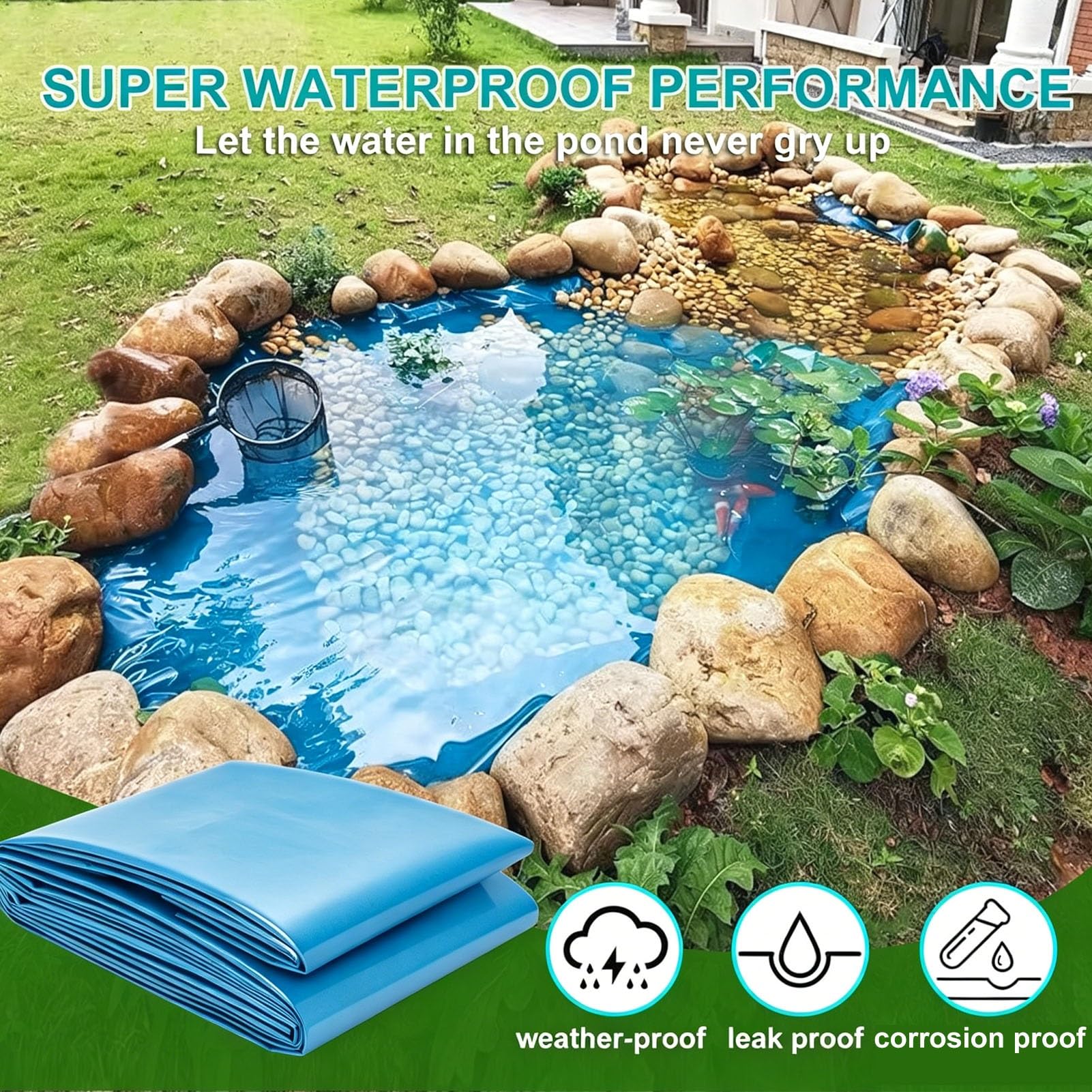 Teichfolie 2x2 3x4 6x6 8x10m HDPE-Teichfolie, Flexible Auskleidung, vorgeformte Garten-Pool-Membran, blau, für Gärten Fischteiche, Landschaftsbau, Gewächshausfolie(6x8m)