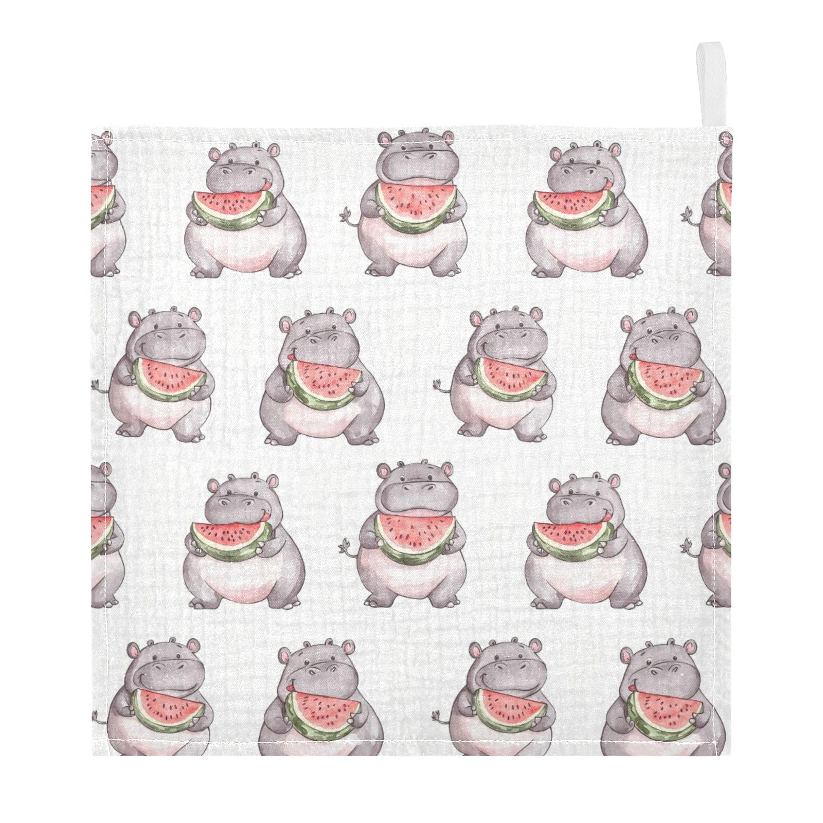 vvfelixl Baby Muslin Washcloths Cartoon Hippopotamus Eat Watemelon Baby Burp Cloths Cotton Babys Face Towel for Newborn Infants Boys Girls Soft and Absorbent 11.8 X 11.8 in, 3 Pack