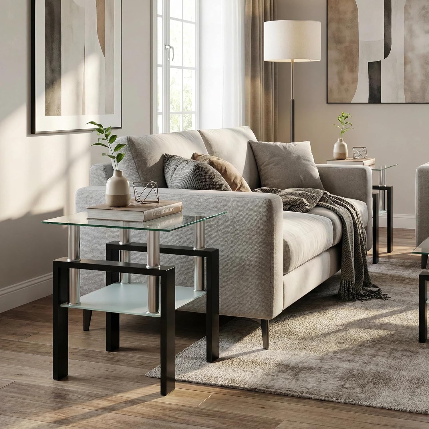 Glass Side Table Set of 2, Small 2-Tier End Table with Tempered Glass Top and Metal Legs, Clear Small Corner Table for Living Room, Bedroom, Apartment