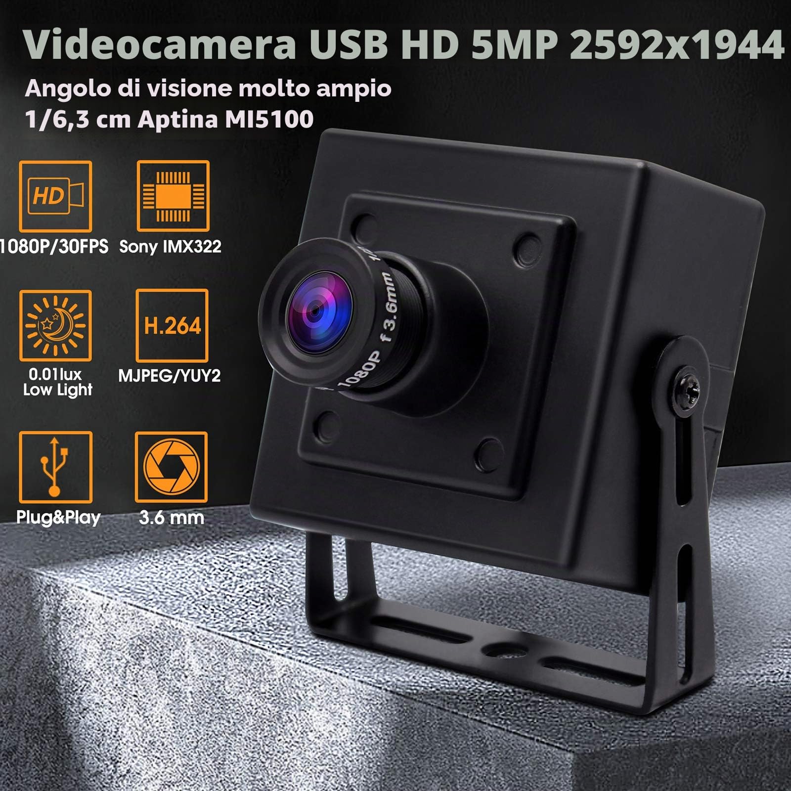 Svpro Full HD 1080P Low Light Camera USB Camera con alloggiamento in alluminio, IMX323 Sensor Mini USB Webcam 2MP H.264 USB Webcam con microfono digitale integrato per PC o progetto embedded