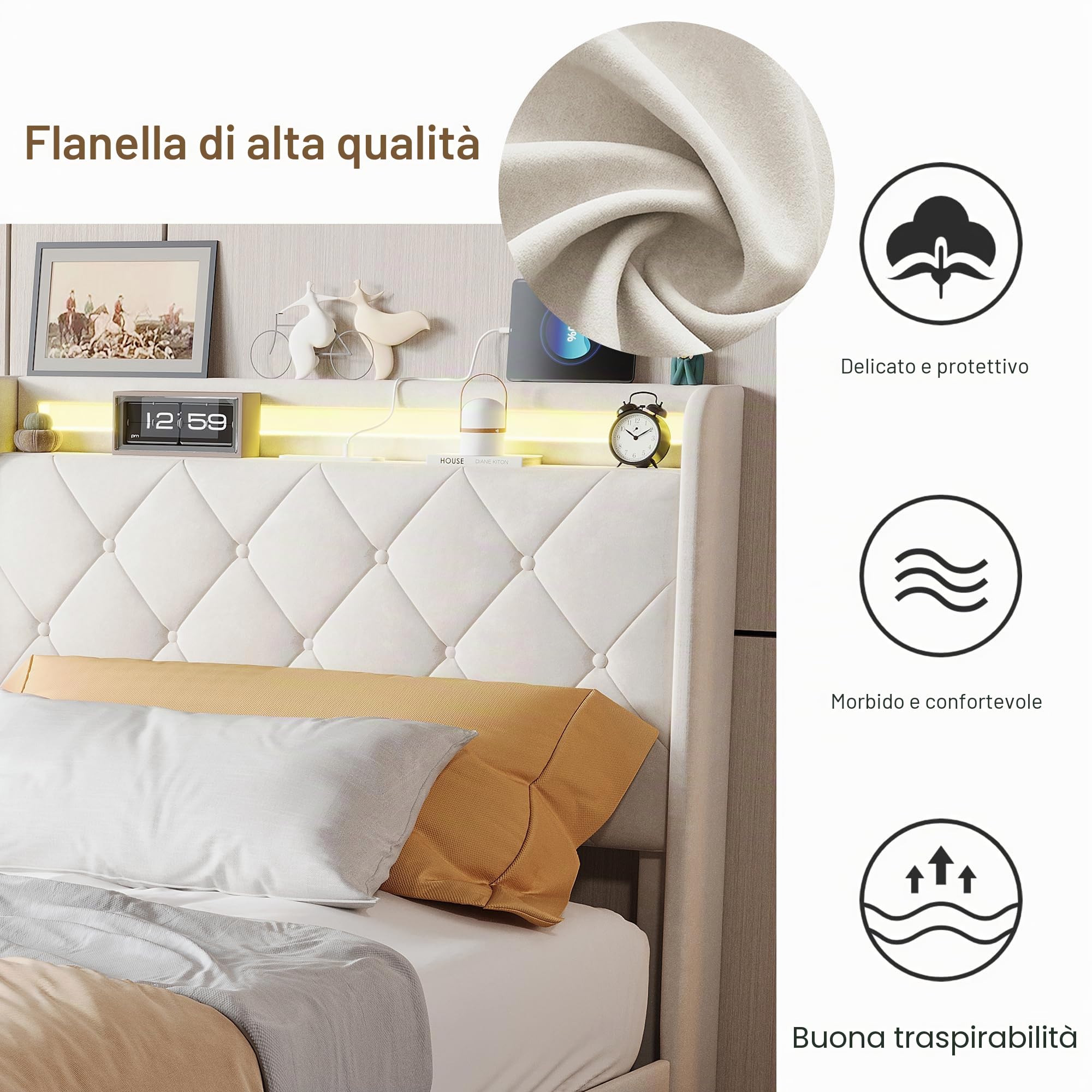 Letto Singolo 90x200 con Contenitore, Letto Imbottito con LED e Stazione di Ricarica, Struttura Letto con 2 Cassetti, Letto Funzionale con Rete e Testiera, senza Materasso, Velluto Beige