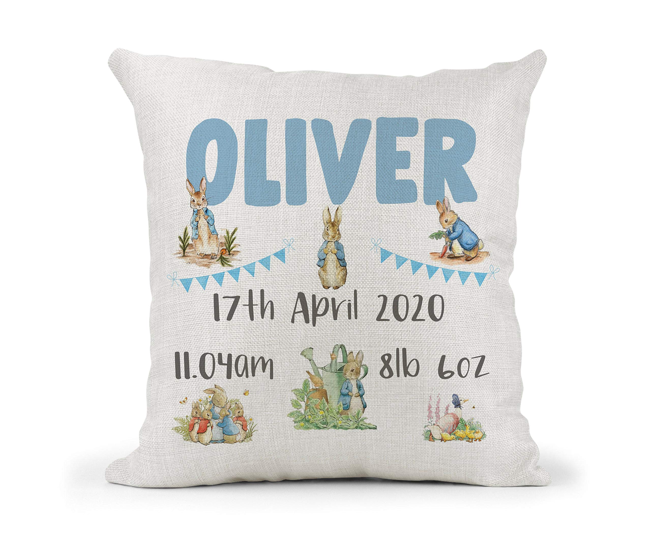 Tr73ans Personalised Peter Rabbit Cushion.Boys Christening gift, New baby keepsake,Bedroom decor
