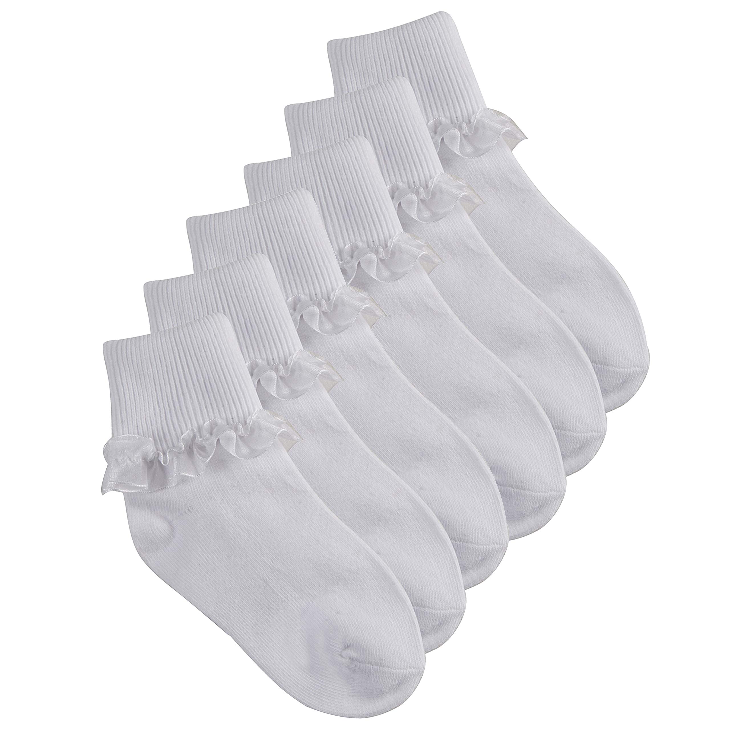 6 Pairs Kids Girls White Back To School Cotton Ankle Socks Lace Organza Frill 12.5-3.5