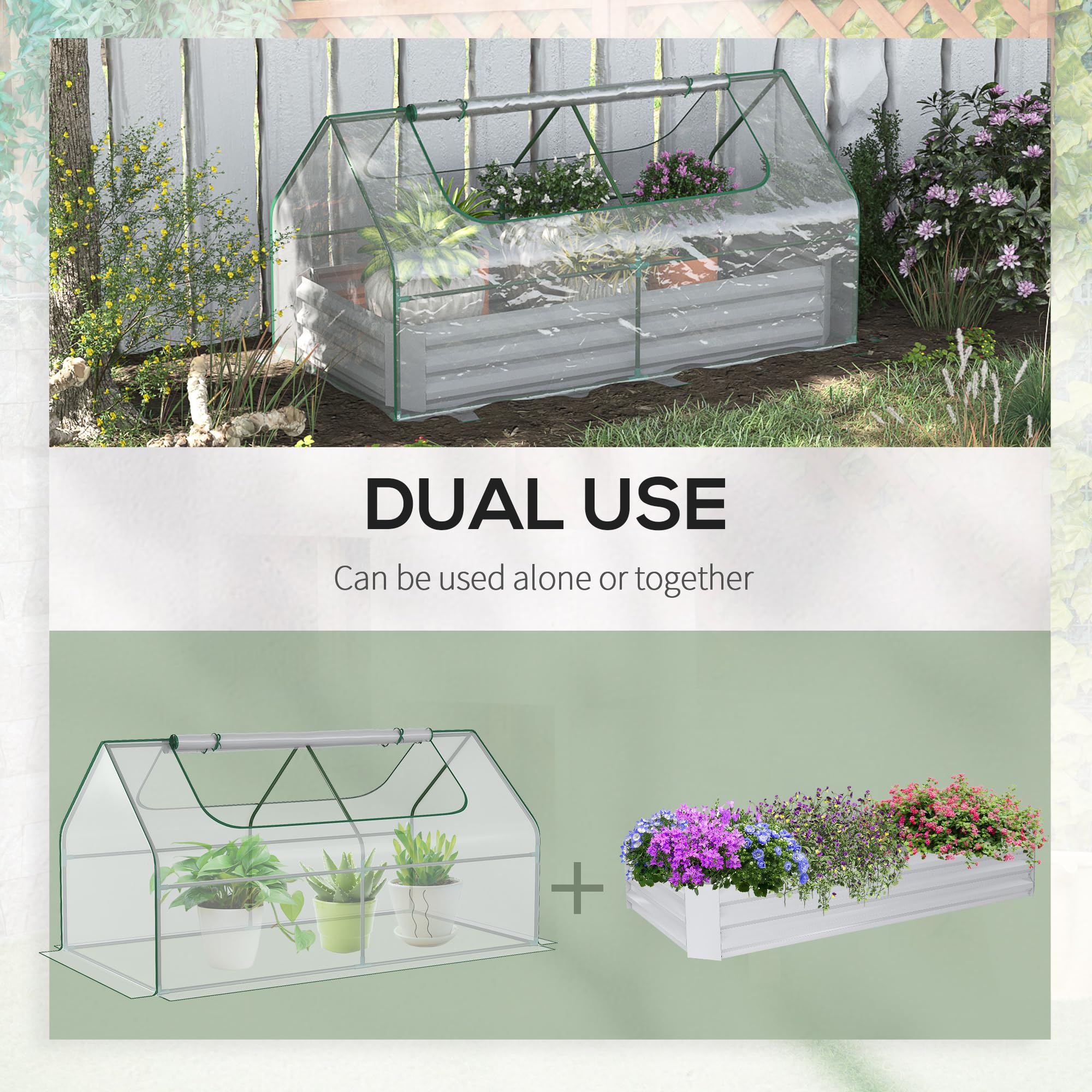Outsunny Cama elevada de jardín con Invernadero, Maceta de Acero con Cubierta de plástico, Ventana Enrollable, Doble Uso para Flores, Verduras, Frutas y Hierbas, 185 x 95 x 92 cm, Transparente