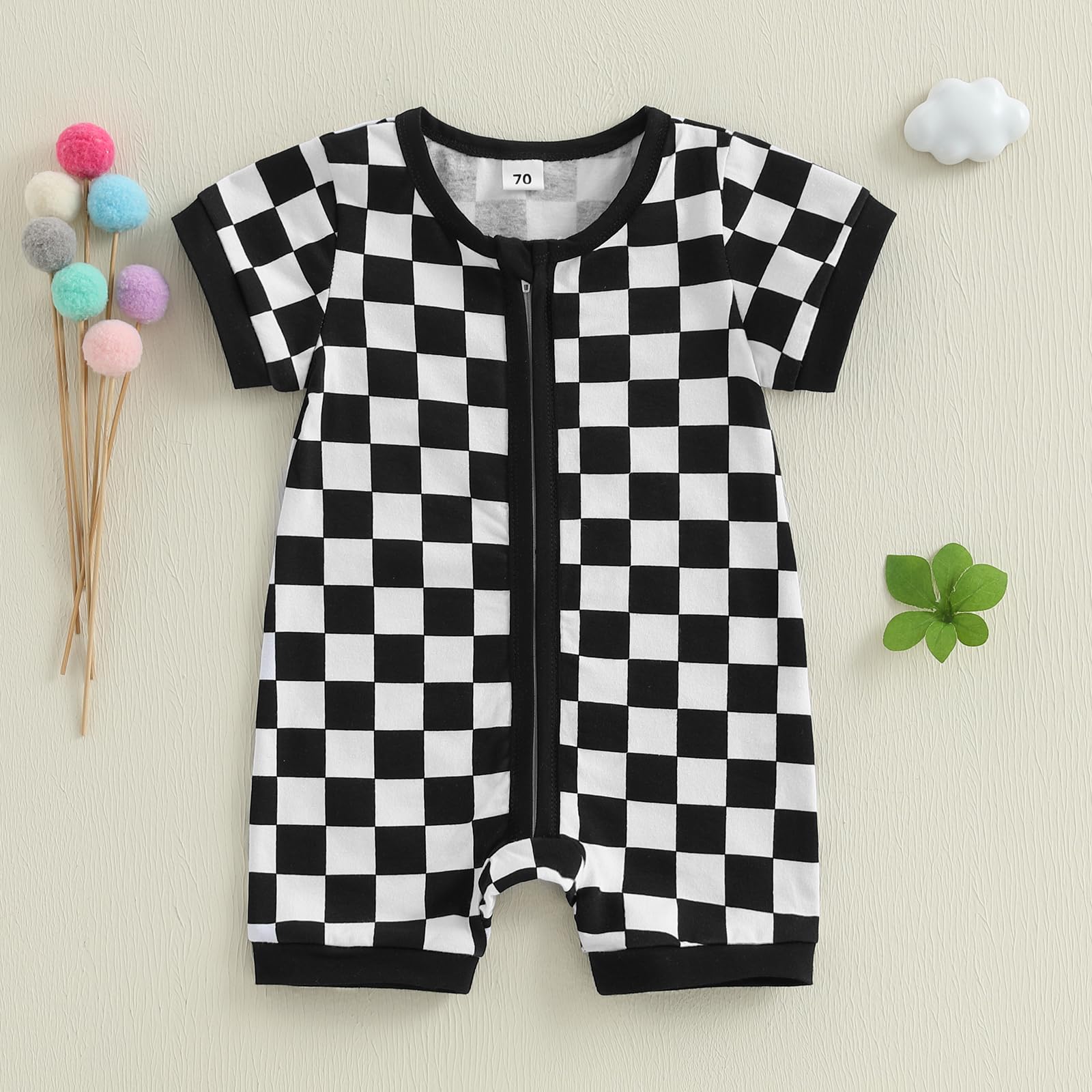 KtwHarnu Newborn Baby Boy Girl Clothes Checkered Plaid Short Sleeve Zipper Romper Jumpsuit One Piece Bodysuit Summer Outfit (B-Black, 6-12 Months)