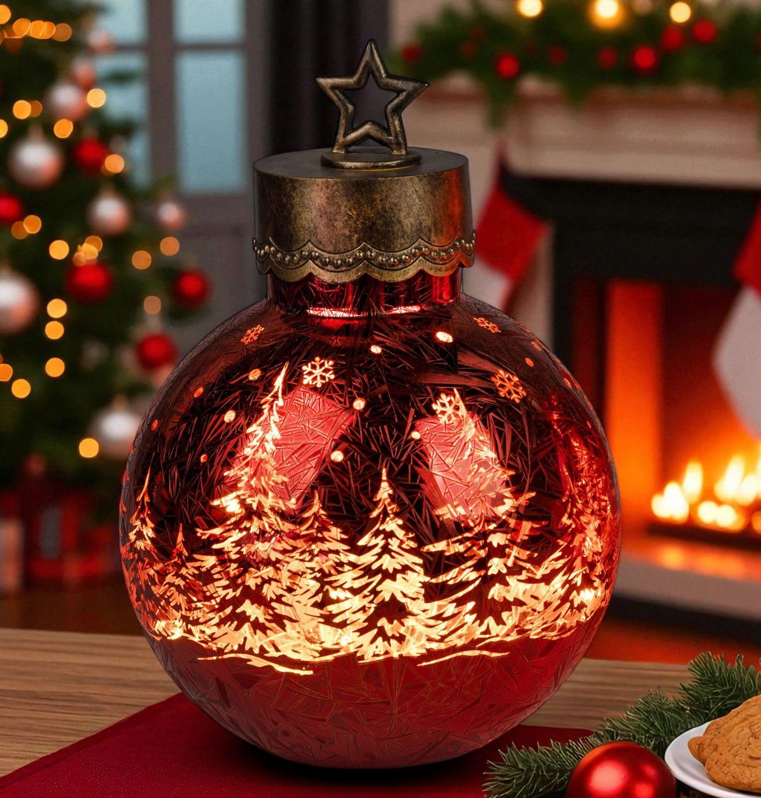 formano LED Deko-Kugel Frosty Rot 30 cm Farb-Glaskugel in Ice-Optik Timer 6h/18h beleuchtet - Batteriebetrieben - Herbst Winter Weihnachtsdeko für Tisch Regal Fensterbank