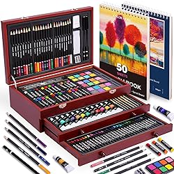 Color More 175 Piece Deluxe Art Set with 2 Drawing Pads, Acrylic Paints, Crayons, Colored Pencils, Paint Set in Wooden Case, Professional Art Kit, Art Supplies for Adults, Teens and Artist, WoodMuse Plus