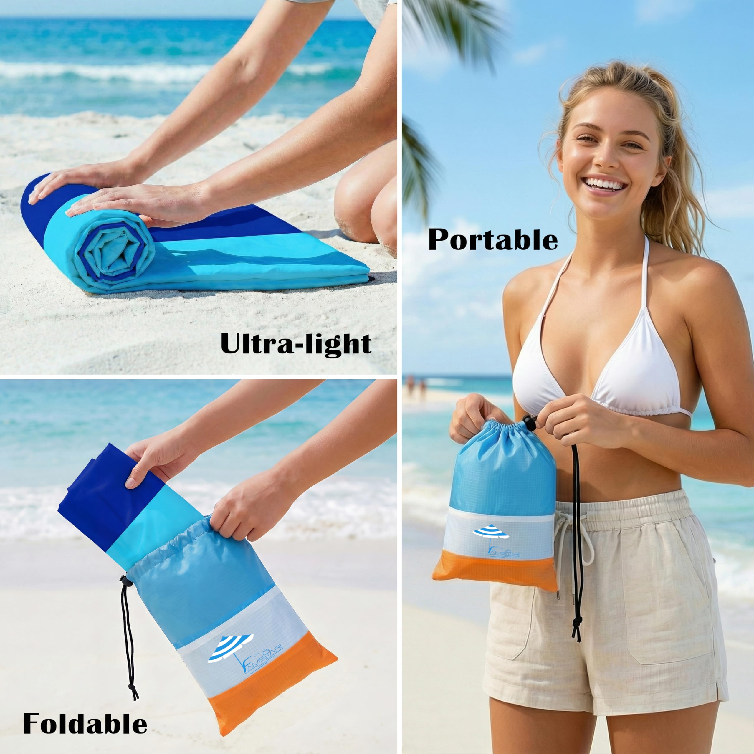 Famstar Koc plażowy oversize bardzo duży 198 x 205 cm, wodoodporny, odporny na piasek koc plażowy dla 1-7 dorosłych, lekki, trwały, na podróż, kemping, wędrówki, piknik