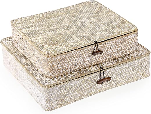 SUMNACON 2PCS Rattankorb aus Natürliche Seegras mit Deckel Handarbeiten Aufbewahrungskiste Aufbewahrungskörbe Ordnung Korb für Küche Badezimmer Schlafzimmer…