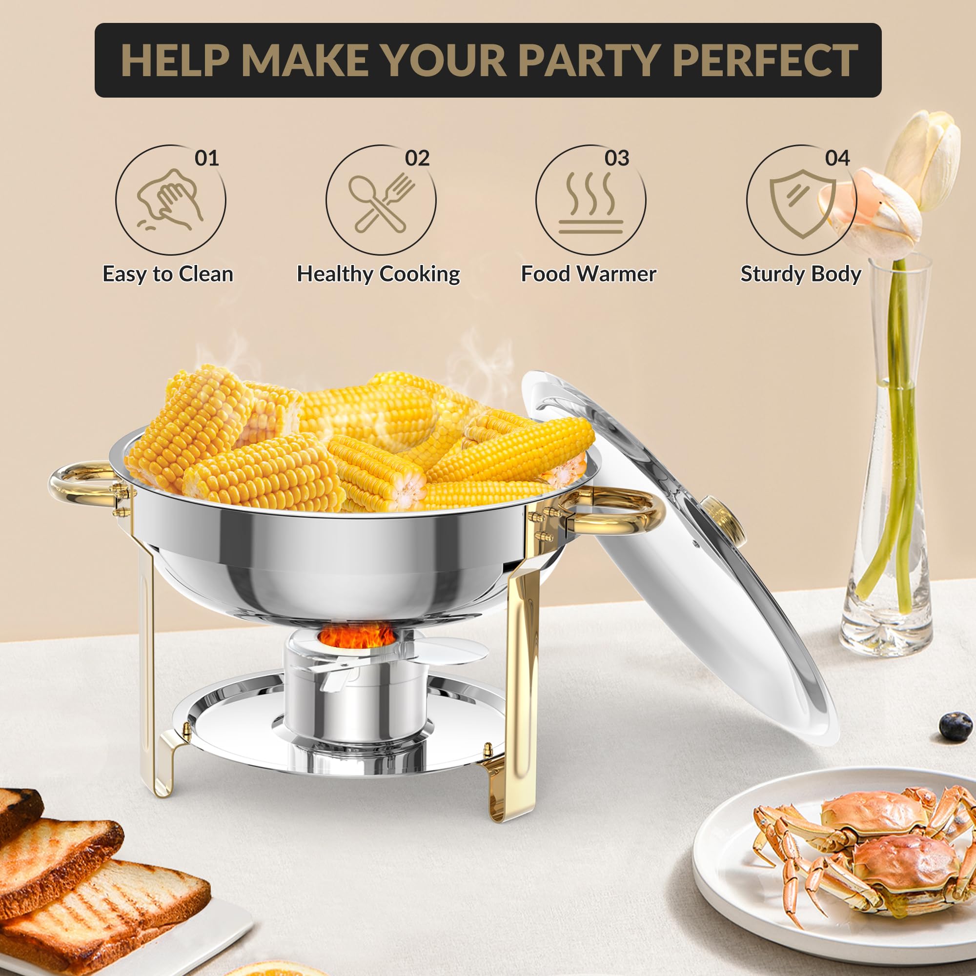 GarveeLife Rund Chafing Dish Buffet Set 5L, Edelstahl Speisenwärmer mit Klarer Deckel, Löffel & Zange, Buffet Warmhaltebehälter für Catering Buffet und Part