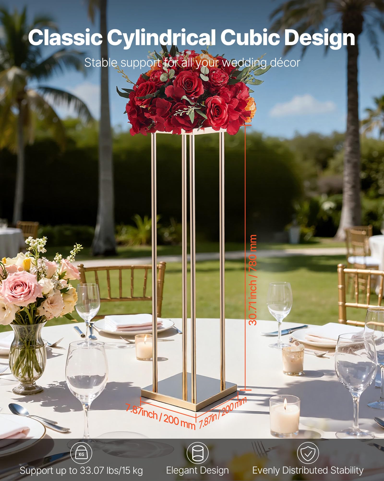 VEVOR Support Fleur Mariage Colonne Lot de 10 Support Fleur Centre Table Mariage 80 cm Présentoir Floral pour Fêtes, Anniversaires, Décoration Intérieure, avec Pieds Cylindre Panneau Métallique, Doré