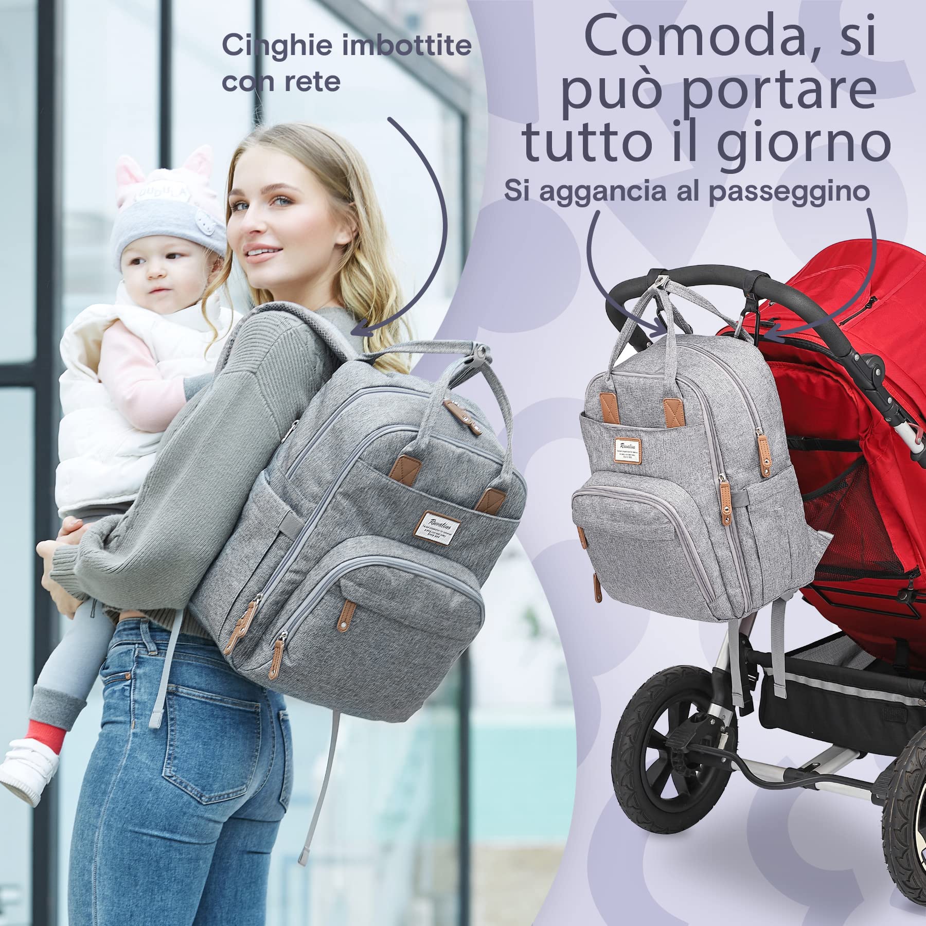 RUVALINO Zaino Fasciatoio per Mamma e Neonato Borsa Fasciatoio per Pannolini, Grande Borsa Maternità con 16 Scomparti, Include Fasciatoio Portatile, Tasca Termica per Biberon