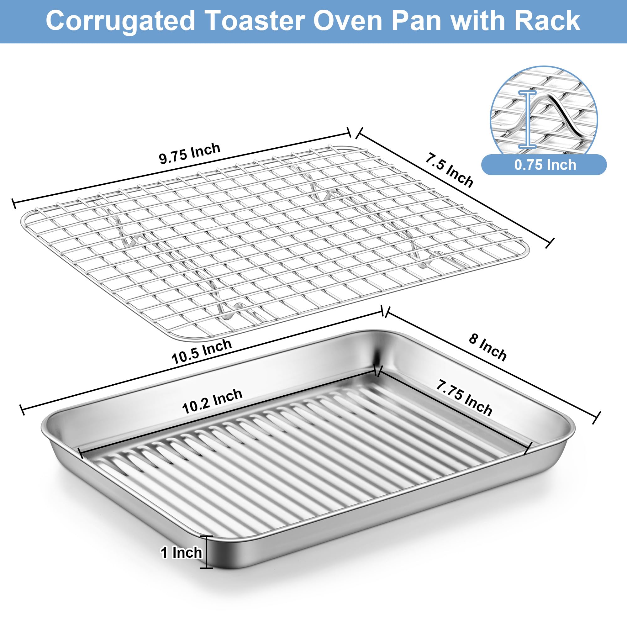 TeamFar 10.5'' Stainless Steel Compact Baking Pan Toaster Oven Tray with Cooling Rack, Corrugated Bottom & Grid Mesh Rack, Non-Toxic & Heavy-Duty