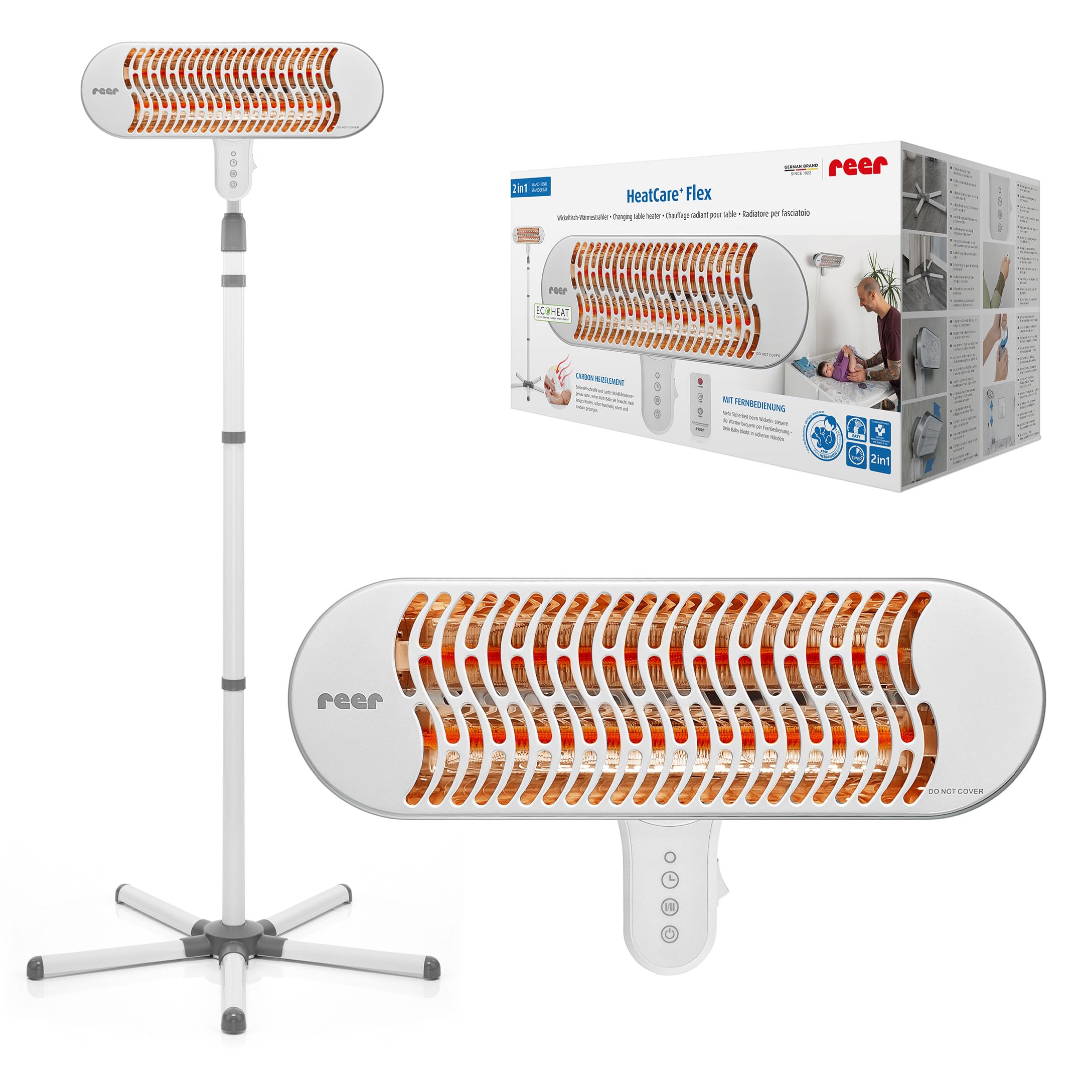 reer HeatCare+ Flex Wickeltisch-Wärmestrahler | EcoHeat Carbon Heizelement | Infrarot-Heizstrahler mit Standfuß & neigbarem Kopf | Wärmespender für Babys | Energiesparend | 2in1 Wand- oder Standgerät