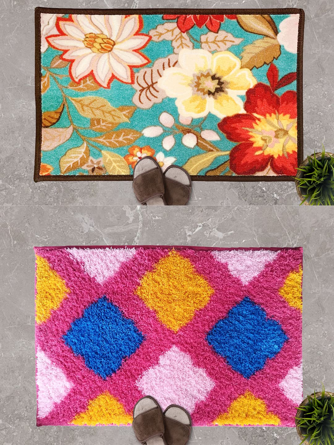 Athom Living Pink Cubic & Floral Love Designer Soft Anti Slip Bathmat/Doormat Set
