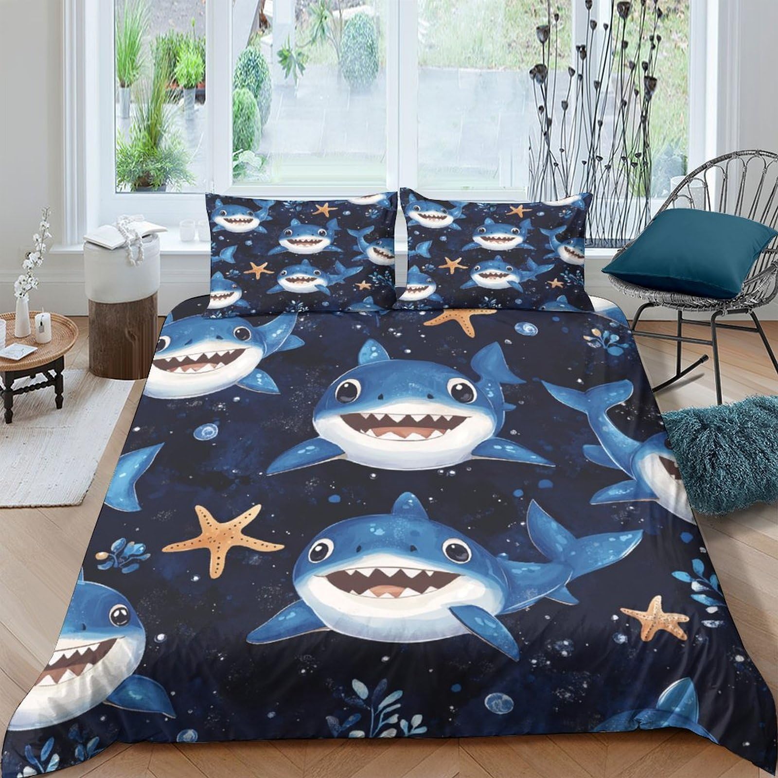 GPLZQXKJNH 3D Printed Shark Ocean Duvet Cover Set Microfiber Soft Breathable Starfish Bedding for Bedroom Home Decor with 2 Pillowcases Single（135x200cm）