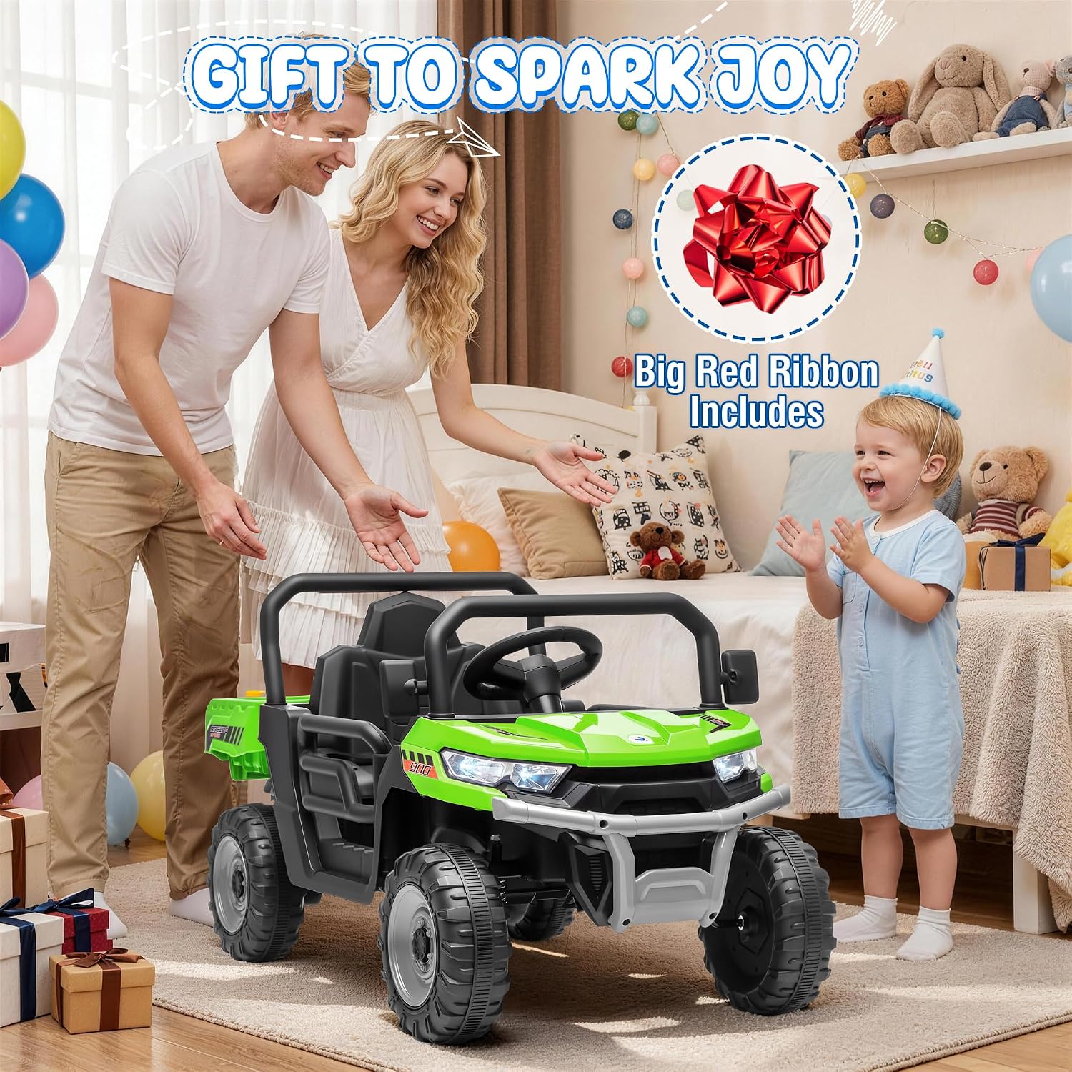 24V Ride On Dump Truck, 400W Power Ride On Toys w/Remote Control, 3 Speeds, Electric Dump Bed & Shovel, Shock Absorbers, Led Lights, Bluetooth & Gift Bow, Electric Car for Kids Toddlers, Green
