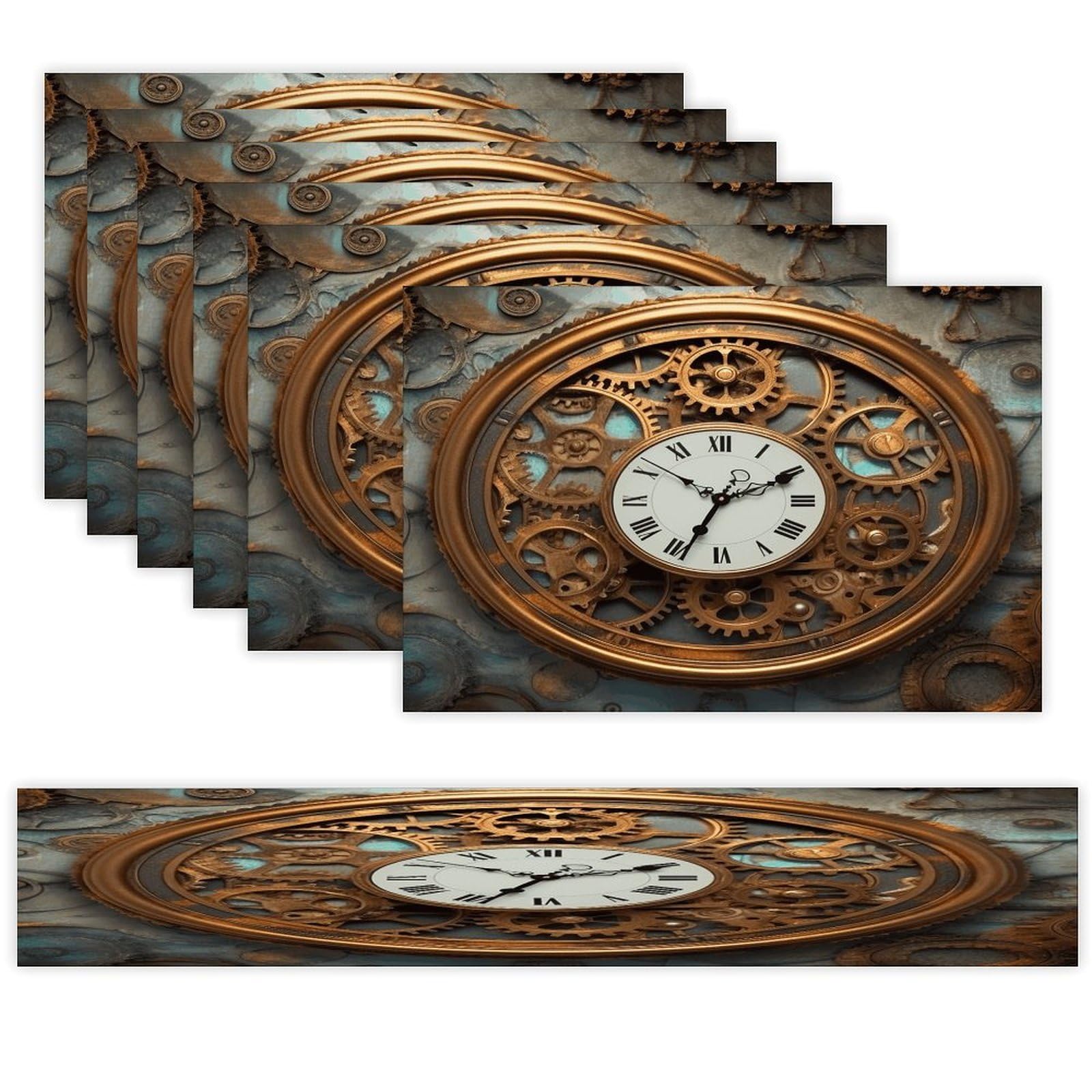 Rusty Steampunk Clock Placemats Set of 7 Exquisite Linen Table Mat Seven Piece Set Includes 13"x71" Fashion Table Runner and 12"x18" Place Mat Decor for Kitchen Dining Room