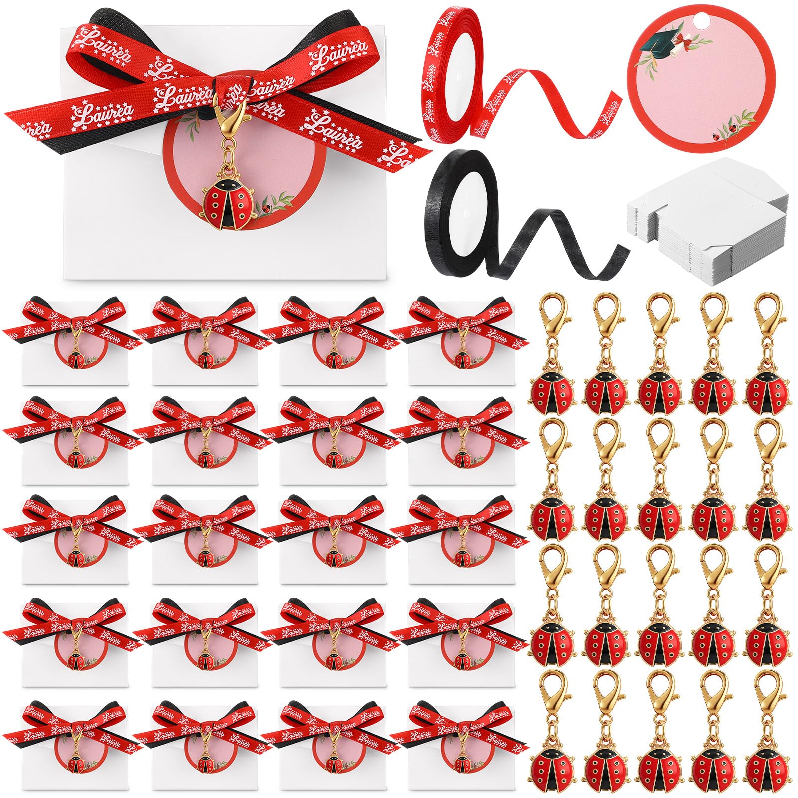 BBTO Bomboniere Laurea 30 Sets di Regalo Laurea Include Portachiavi Coccinella Portafortuna Scatoline Portaconfetti Nastro Rosso e Nastro Nero Bigliettini Bomboniere Fai-da-Te