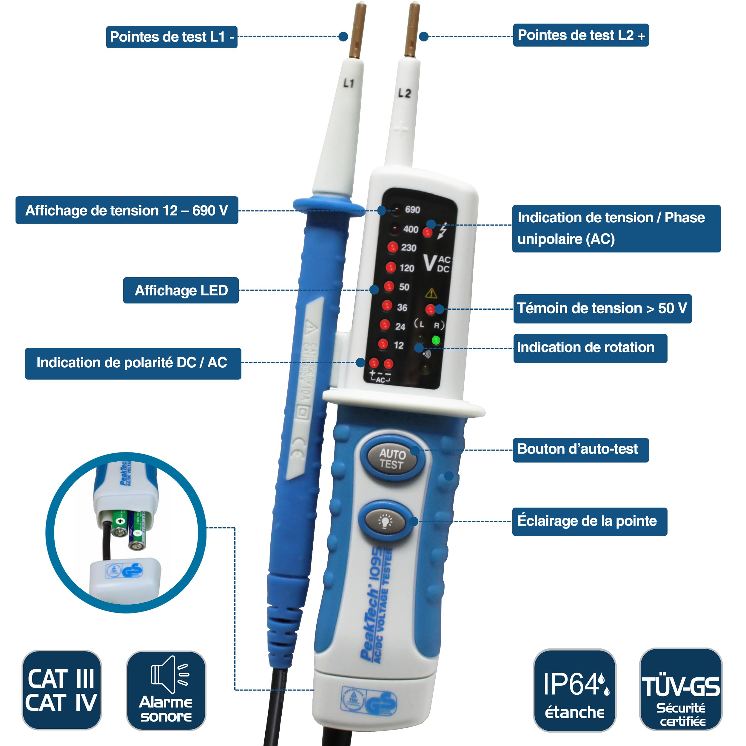 PeakTech 1095 – Testeur de Tension AC/DC 2 Pôles, Affichage LED, Résistant à la Poussière et aux Éclaboussures (IP64), Testeur de Continuité, Voltmètre 12V - 690V