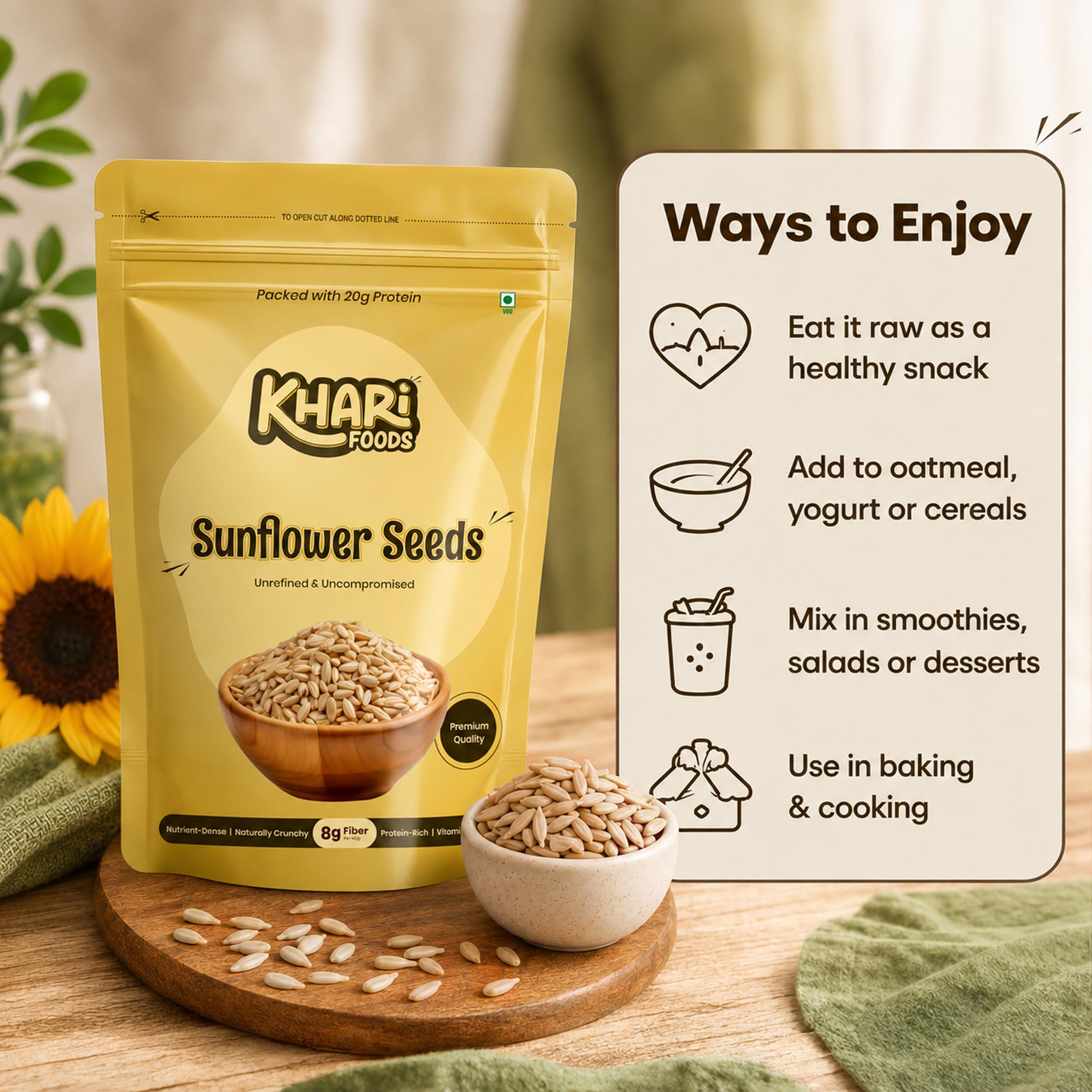 Khari Foods Premium Sunflower Seeds, High Fibre Seeds for Eating, Energy Healthy Snacking, Preservative Free, 400g 1