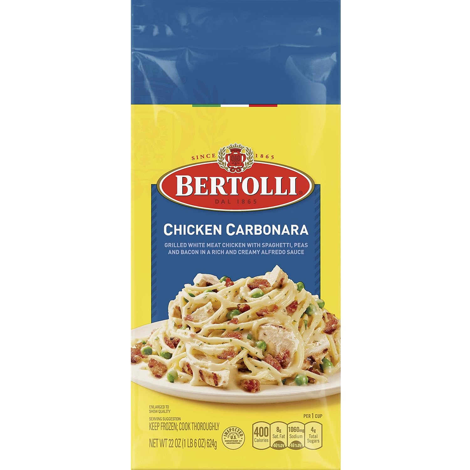 Bertolli Chicken Carbonara Frozen Meals With Spaghetti, Peas and Bacon in Alfredo Sauce, 22 oz