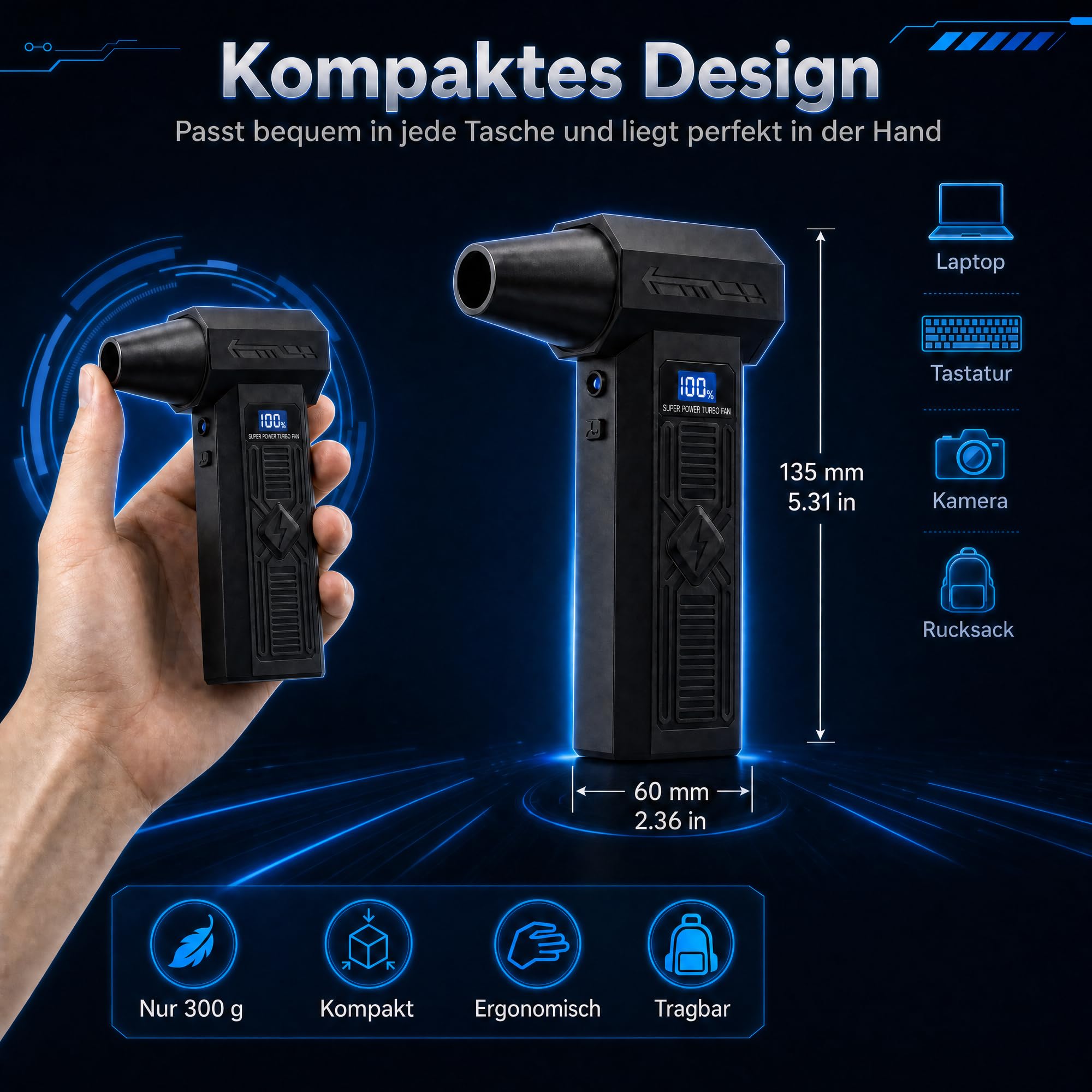 Soffiatore Aria Elettrico 120000 RPM, Aria Compressa Elettrica | Ricaricabile 5200 mAh, Motore Brushless, 4 Velocità, Display LED, Kit Pulizia PC per Tastiera, Computer ed Elettronica