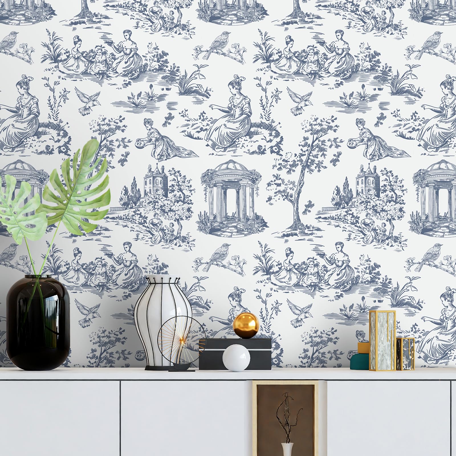 ReWallpaper 17.5in×23ft Toile Peel and Stick Wallpaper Blue Contact Paper for Cabinets Self Adhesive Country Life Toile Wallpaper Prepasted Blue