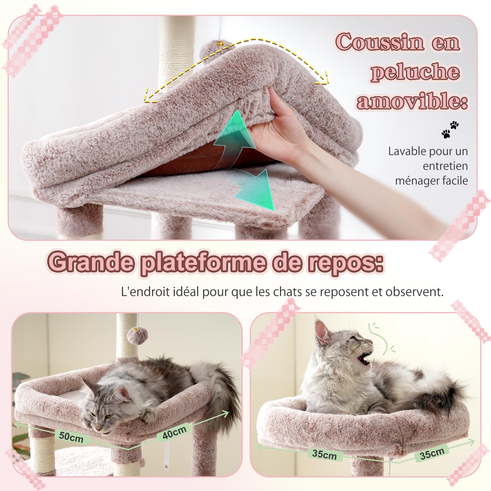 Heybly Arbre À Chat, 180cm De Haut avec Base Stable, Plateforme XL, Grande Maison pour Chat, 2 Hamacs, Meubles pour Chats À Plusieurs Niveaux pour Les Chats du Maine, Marron Beige HCT037MU