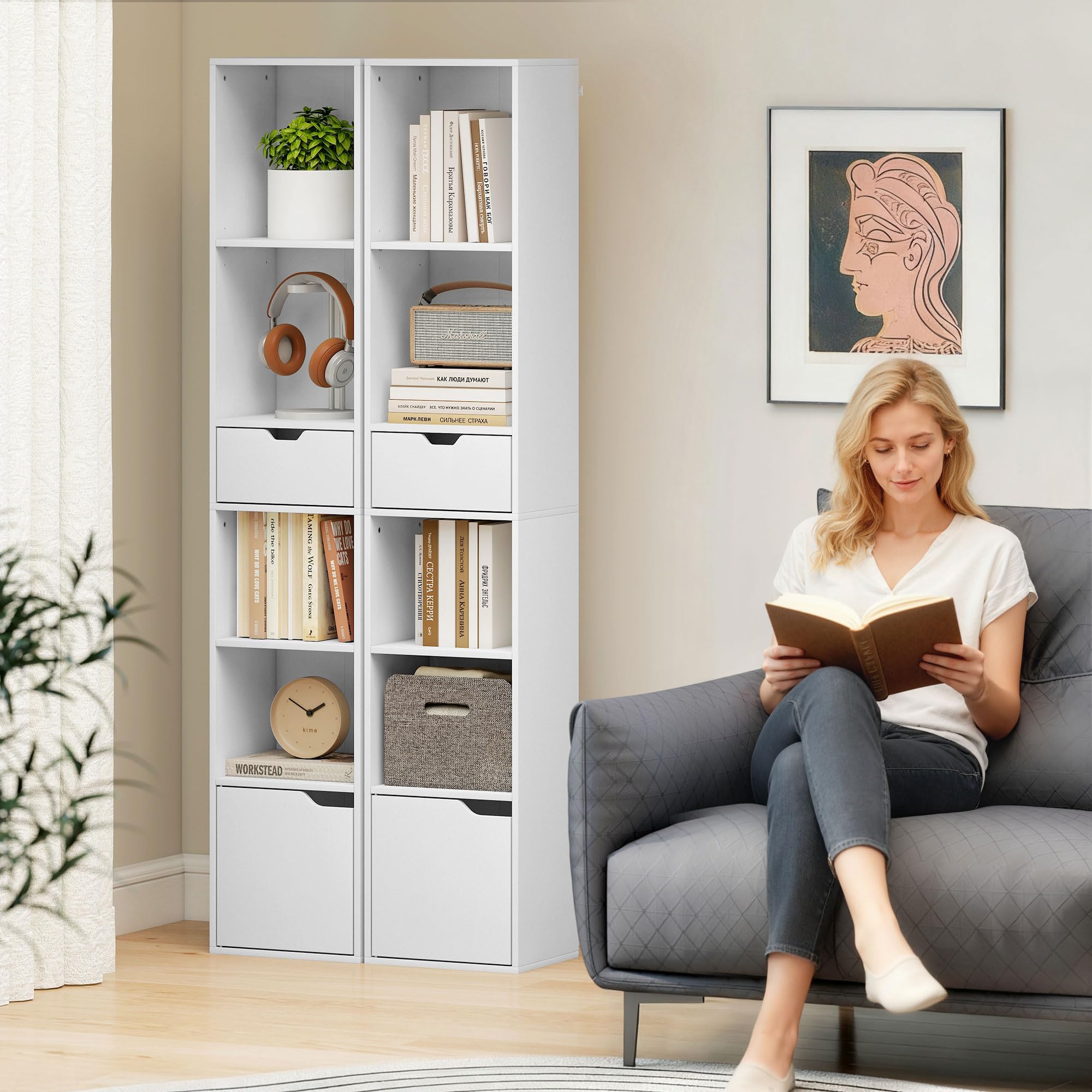 HOMCOM Libreria Scaffale a 6 Livelli con Armadietto 30x24x158 cm Bianco | Libreria Verticale Salvaspazio, Ripiano Regolabile, Cassetto, Soggiorno, Camera da Letto, Ufficio, Studio