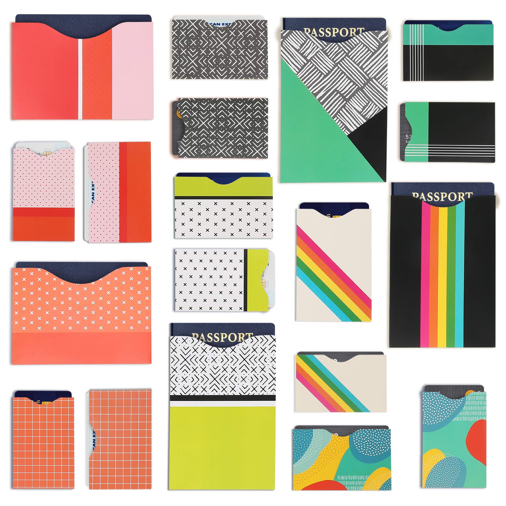 LotFancyRFID Blocking Sleeves (19 Pack, 14 Credit Card Protectors + 5 Passport Sleeves) for Identity Theft Protection, RFID Sleeves with Bright Color
