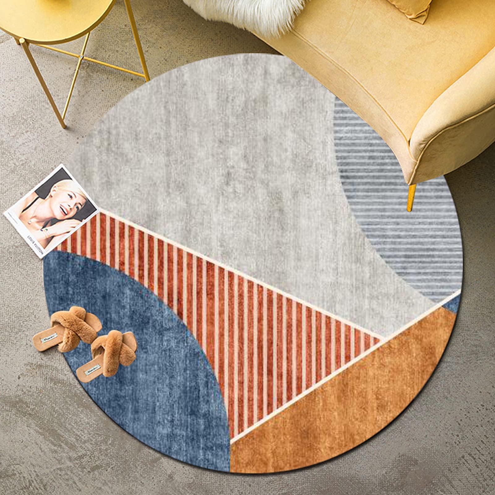 Tapis de chambre rond gris bleu deco salon 140cm a poils courts