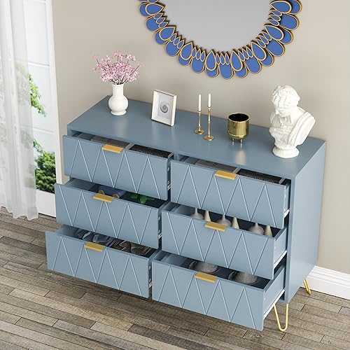 Miniatura 3 de Anbuy Cómoda azul de 6 cajones para dormitorio, cómoda doble grande con cajones anchos y asas doradas, cómoda moderna