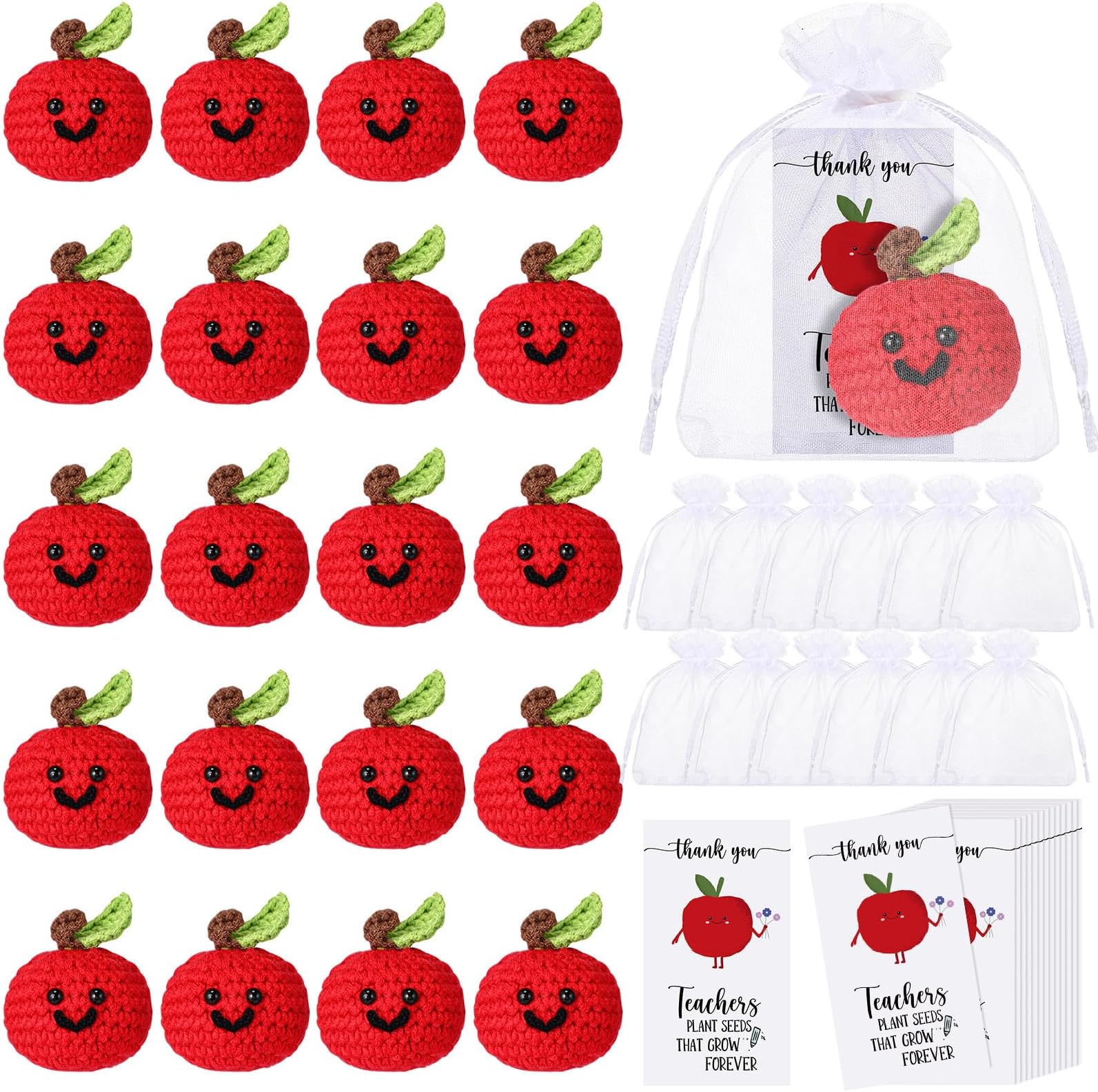 Sratte20 Pack Teacher Appreciation Gifts Crochet Apple Thank You Teacher Card Set, Red Knitted Apple Appreciation Greeting Card and Drawstring Organza Jewelry Bags for Teacher's Day Gift (Cute)