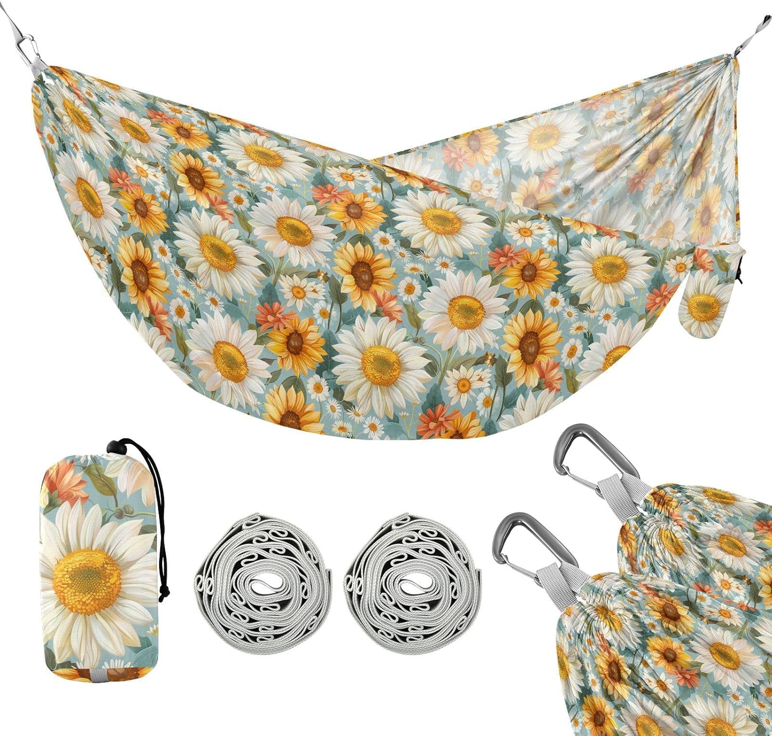 ALAZA Sunflower Daisy Flower Camping Hammocks Single or 2 Person 500 lbs Portable Parachute Travel Hammock w/Tree Straps for Hiking Backpacking Indoor Outdoor