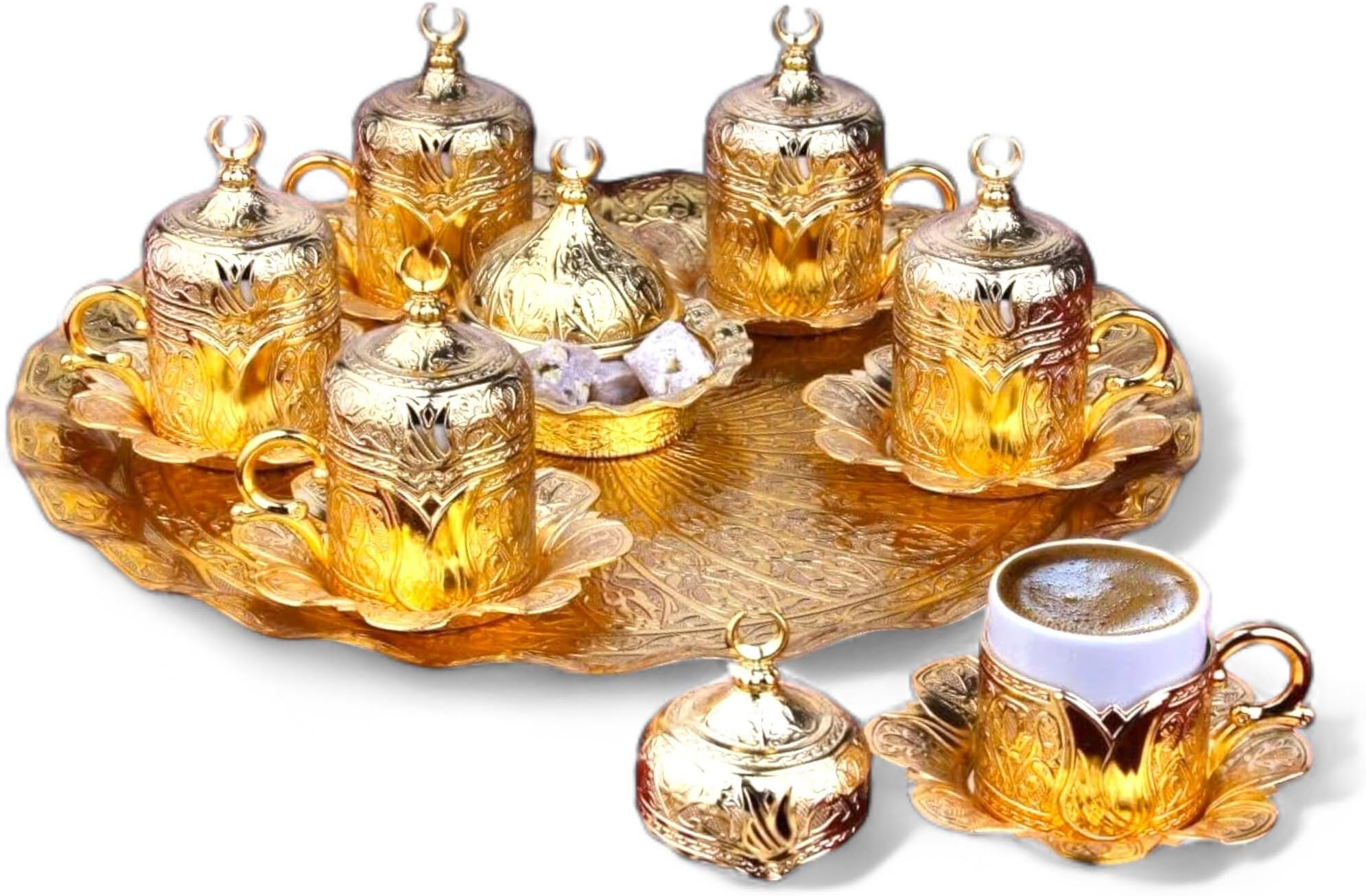 LaModaHome Tulip Patterned Porcelain Espresso Coffee Cup Set with Saucer, Holder and Spoons, Turkish Delight Bowl with Lid with Serving Tray, Housewarming Gifts for Cappucino Lovers - Gold/White