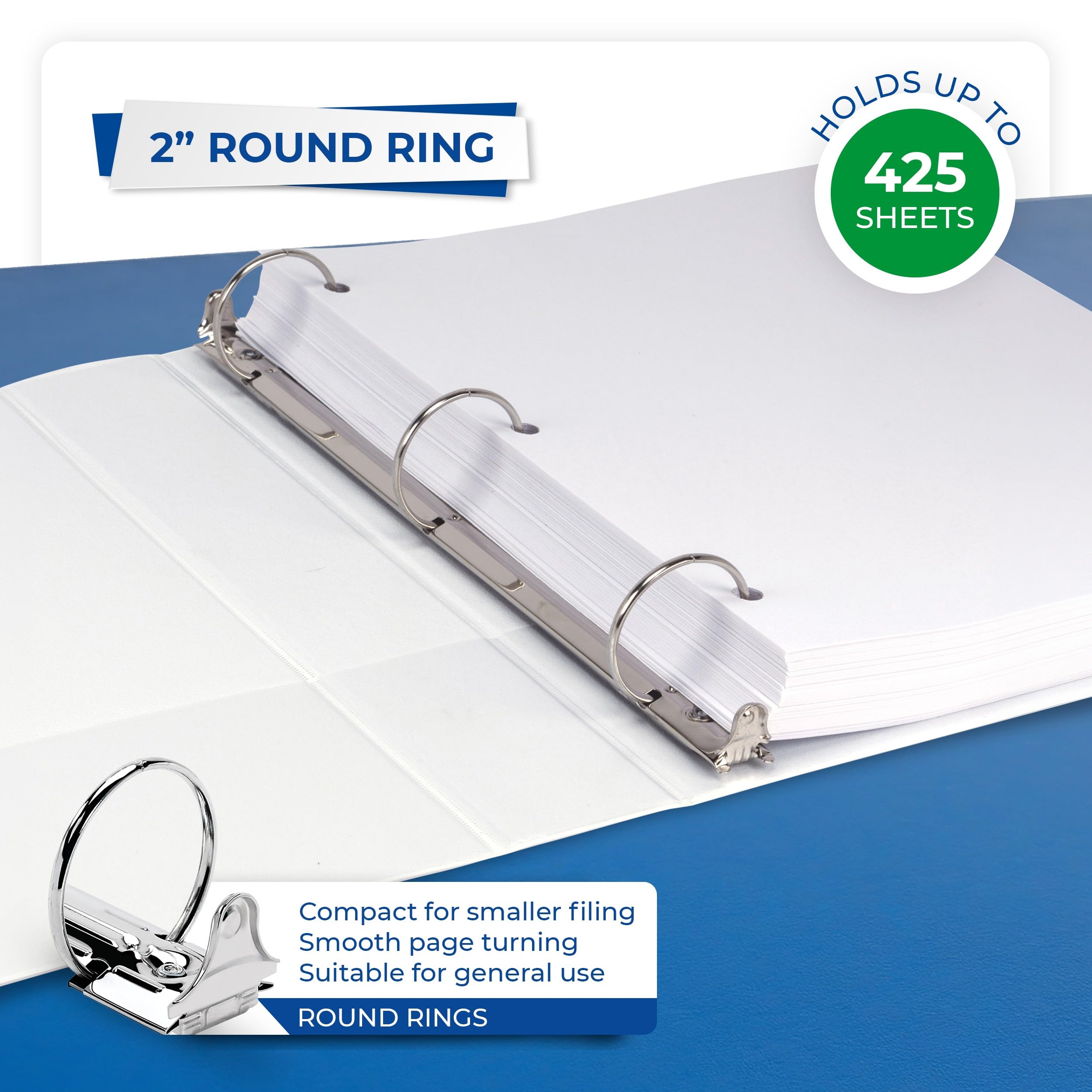 Samsill, Raccoglitori a 3 anelli da 5,08 cm, realizzati negli Stati Uniti, con anelli rotondi e copertina trasparente, dalla capacità di 425 fogli, per scuola, casa, ufficio, bianco, 6 pezzi