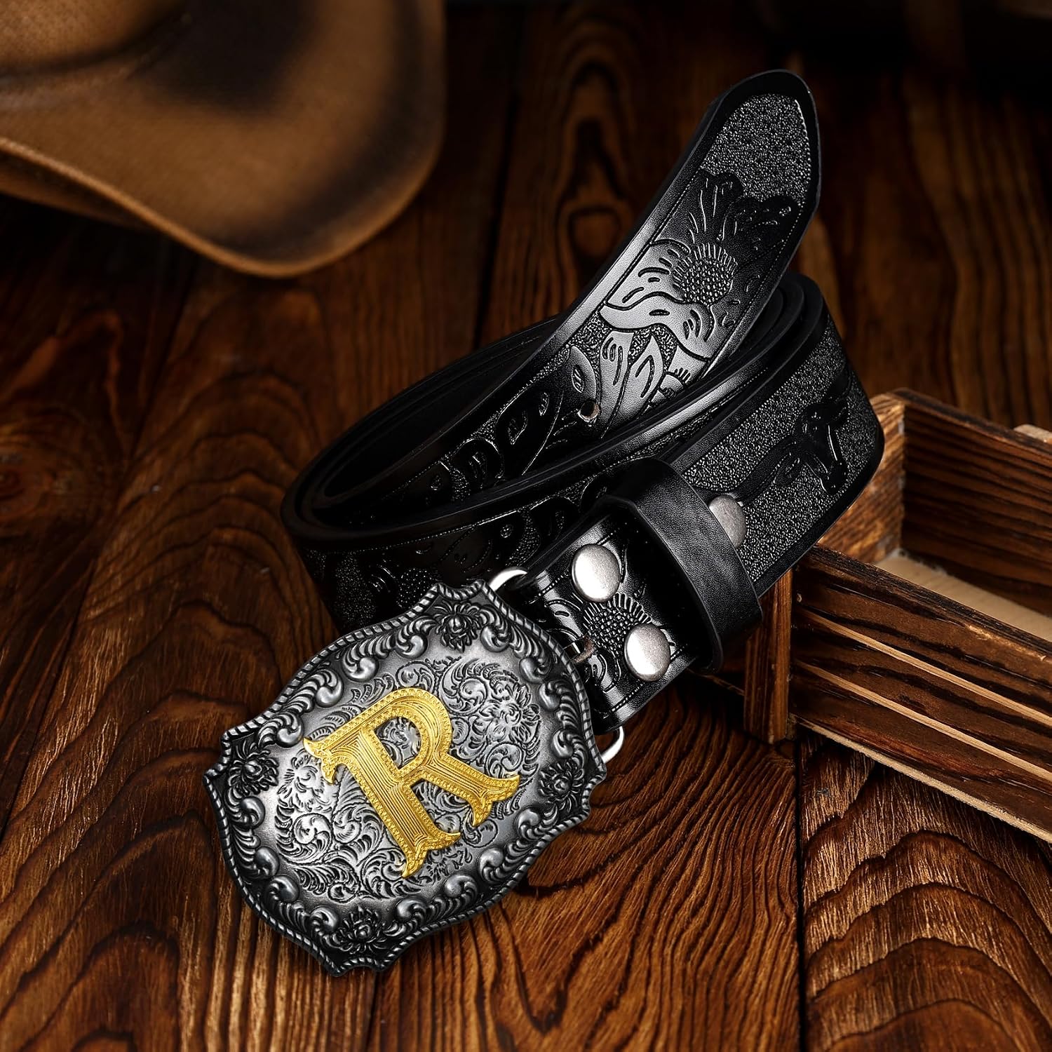 TRIWORKS Cowboy Belt for Men Women Western Belt Initial Letter A to Z Buckle with Engraved Cowboy Leather Belt