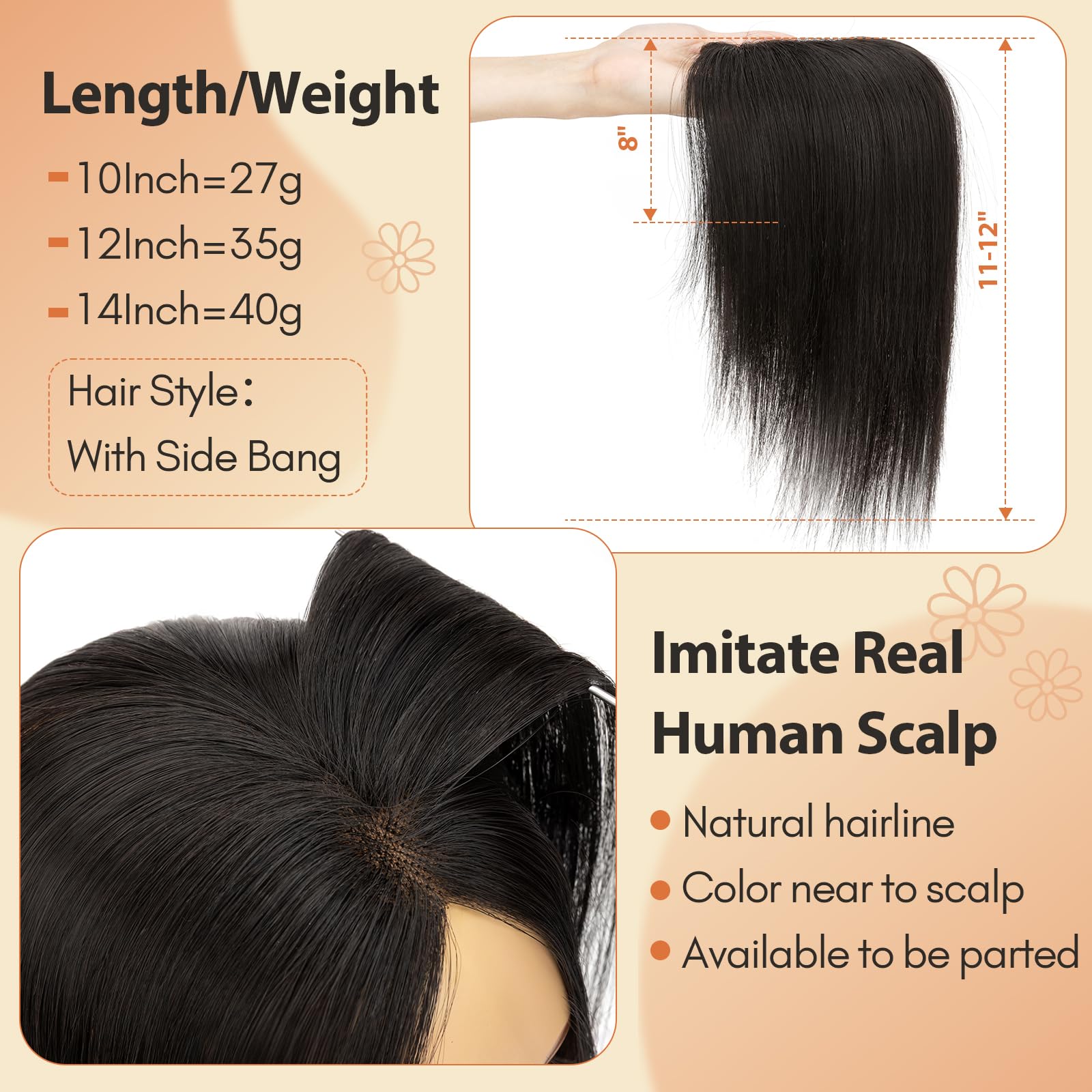 S-noilite Cheveux Topper avec Frange, 35g Sans Frange Cheveux Naturels Topper, Clip in Chevelure Humains pour Femmes, 3 Clips Invisible Chevelure Humains avec Base en Dentelle, 30CM Noir Naturel #1B