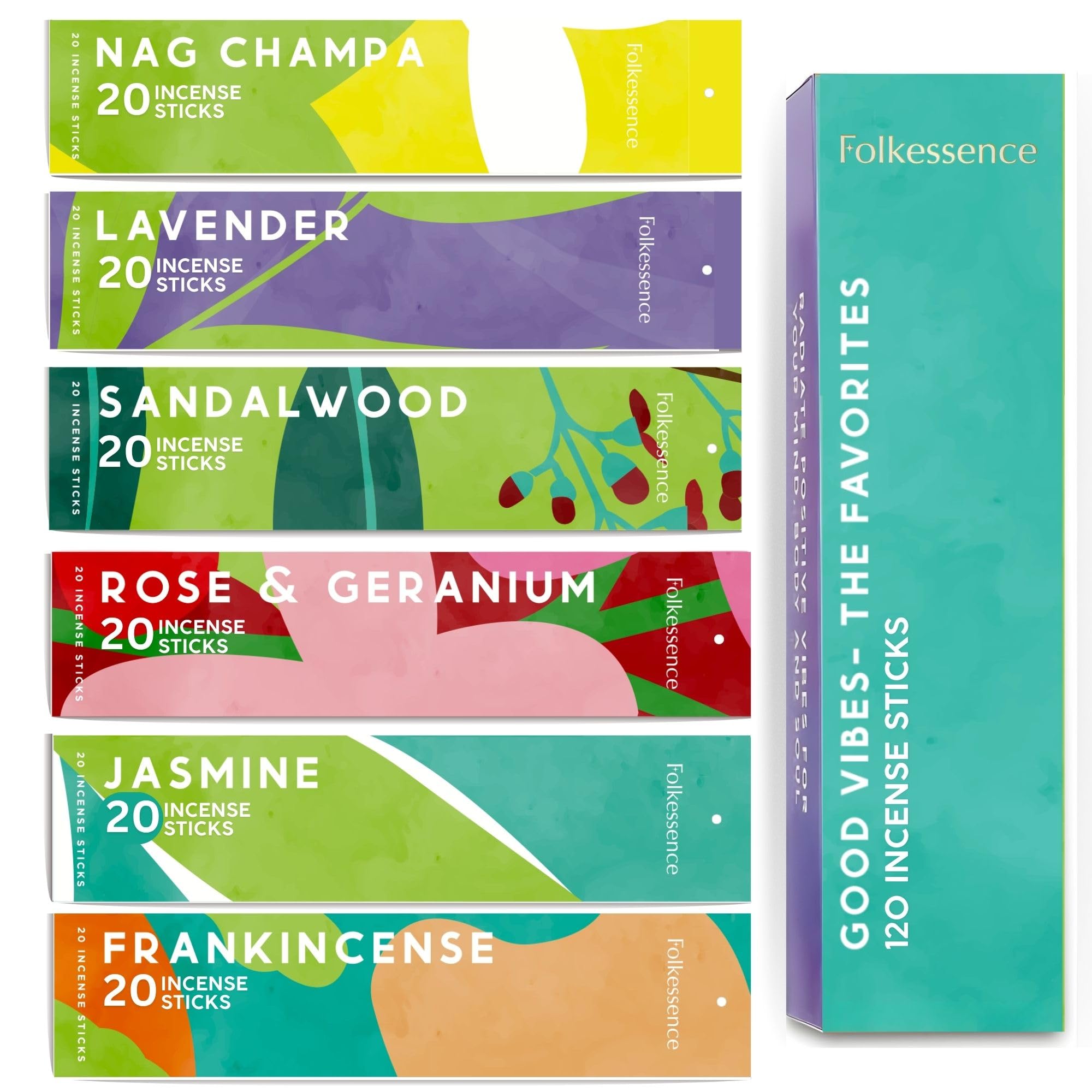Folkulture Women's Good Vibes - The Favorites Incense Sticks (120 Sticks) | Set Of 6 Premium Incense For Meditation, Aromatherapy | No Charcoal,Organic, Non Toxic, 45 Mins, Long Burning Lavender, Frankincense, Nag Champa Insence-Sticks