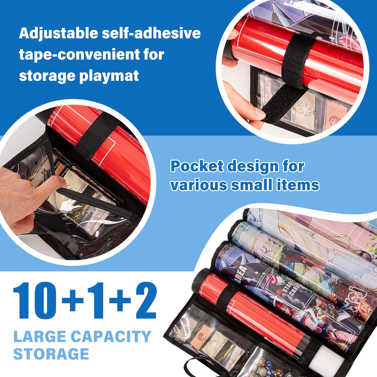 Playmat Tube Holder, MTG Playmat Organizer Tube Case TCG Playmats Accessories Storage Bag with 2 Door Hooks Fit 10+1 Playmats (14" x 24") and 2 Pockets for Dices and Cards (Black)