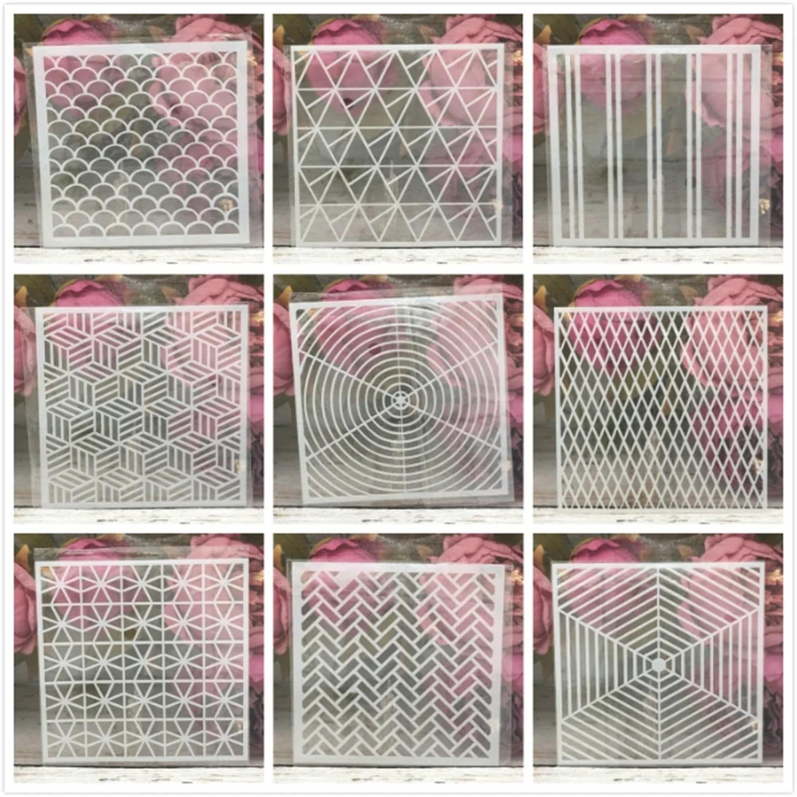 Plantillas para pintar sobre madera, 9 unidades, 13 cm, flecha redonda, textura geométrica, plantilla reutilizable para pintar sobre madera, pared, puerta, lienzo, decoración del hogar