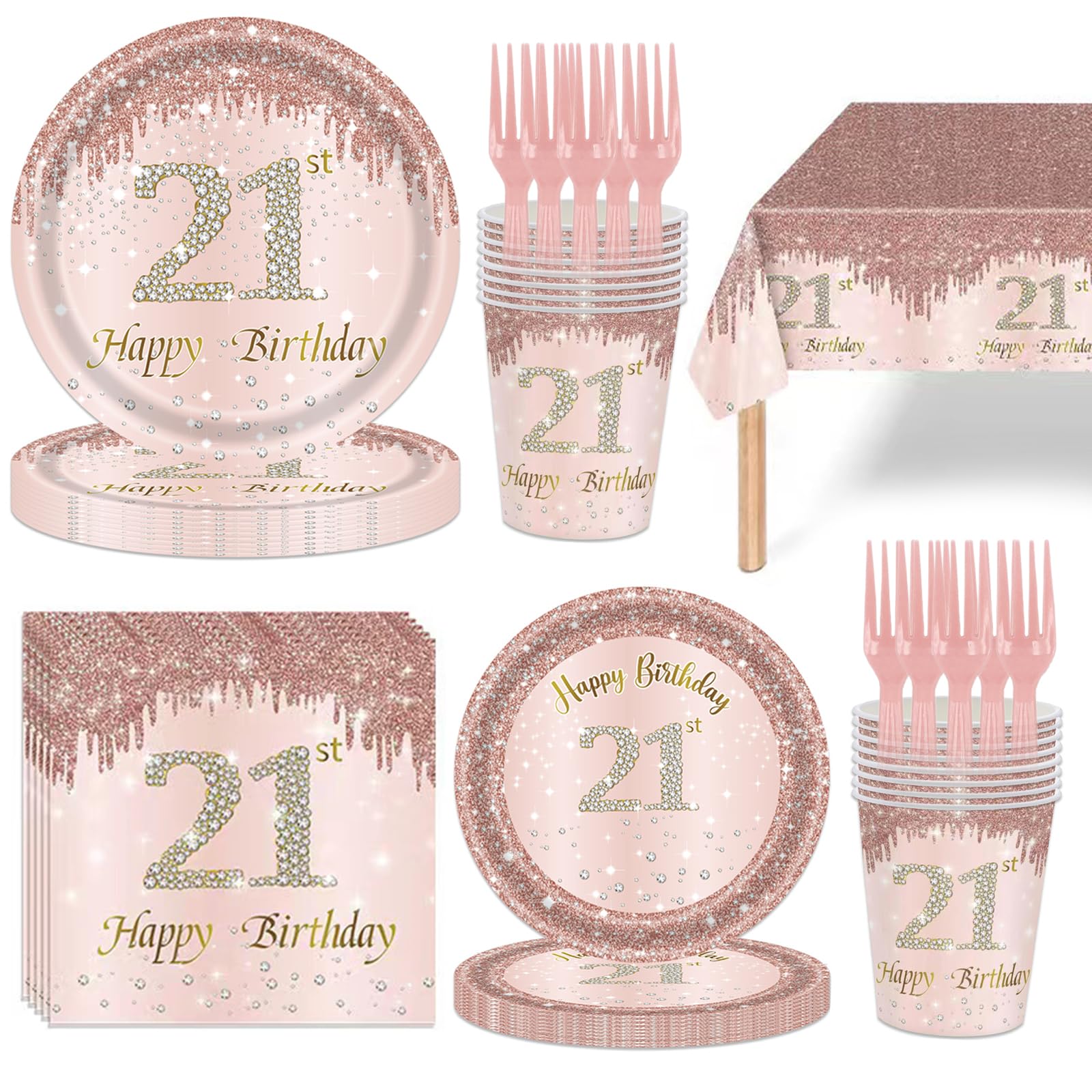 121Pcs 21st Birthday Party Supplies Plates Napkins Cups Forks Tablecloth Rose Gold Happy 21st Birthday Themed Disposable Tableware Decorations Serves