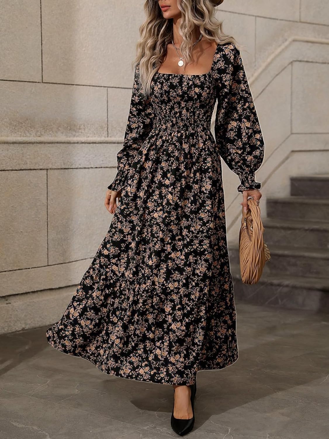 LIGHT DOT Women's Square Neck Casual Floral Dress Long Sleeve Printed Boho Maxi Dress Smocked Tiered Flowy Dress - Image 6