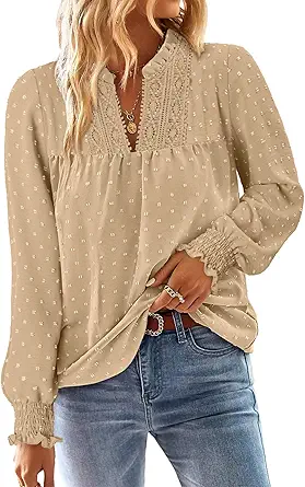BETTE BOUTIK Women Boho Long Sleeve Shirts Dressy Casual V Neck Fall Fashion Tops Swiss Dot Flowy Blouses