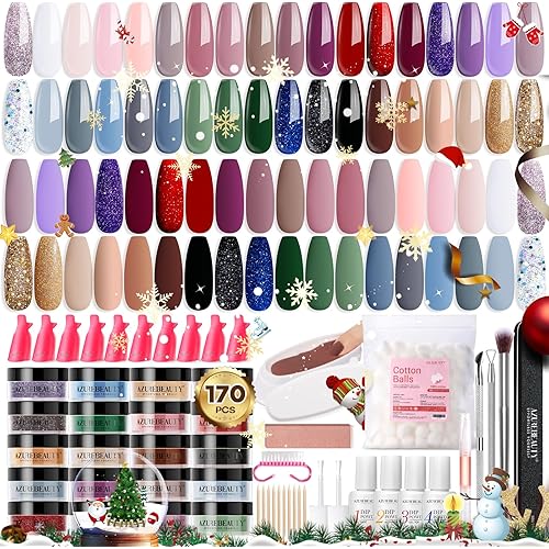 AZUREBEAUTY 170Pcs Dip Powder Nail Kit, 36 Colors Fall Winter Red Glitter Brown Dipping Powder Starter Christmas with Top/Base Coat Activator & Removal Accessories Set for French Manicure Salon