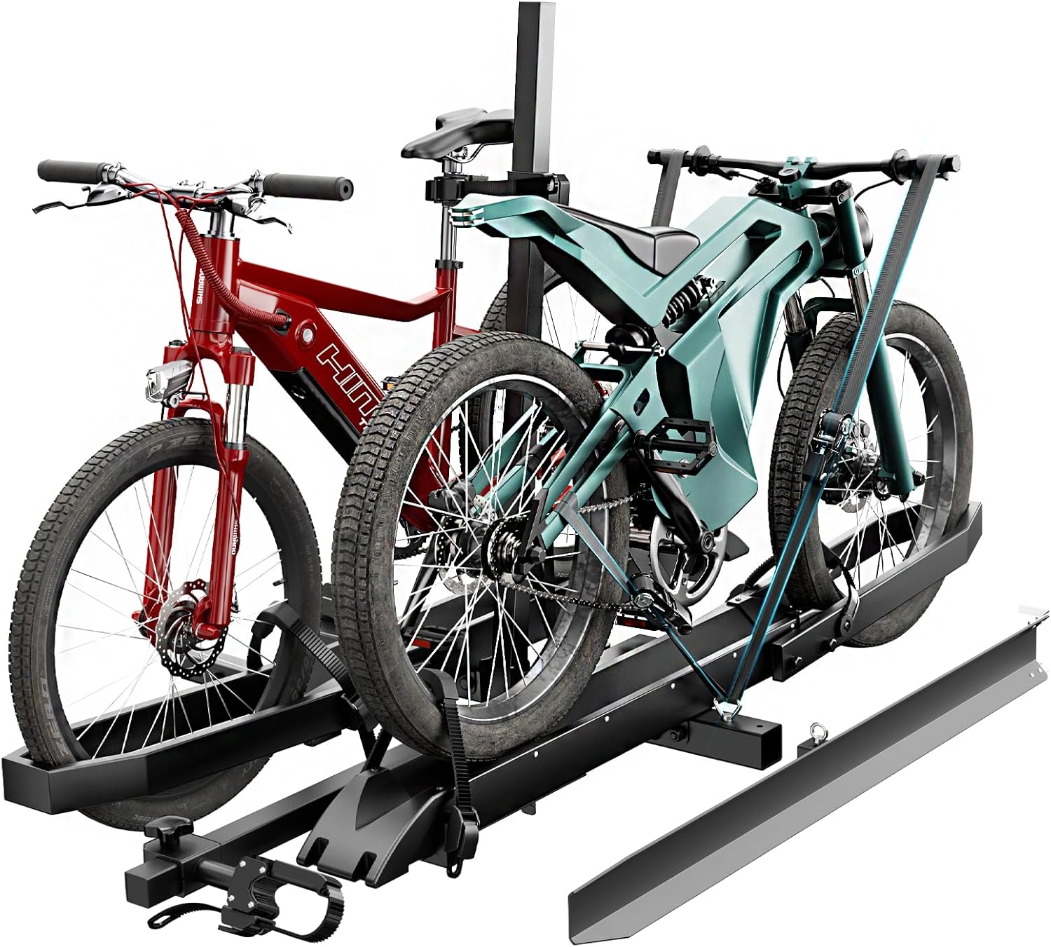 EBike Rack with Ramp for Tow Hitch with 300lbs Load Capability, Automotive Bike Rack for Electrical Mopeds, Fats Tire Mountain Bicycles, E Bike Provider Raks for two Bikes, Suits SUV, Truck, RV, Van