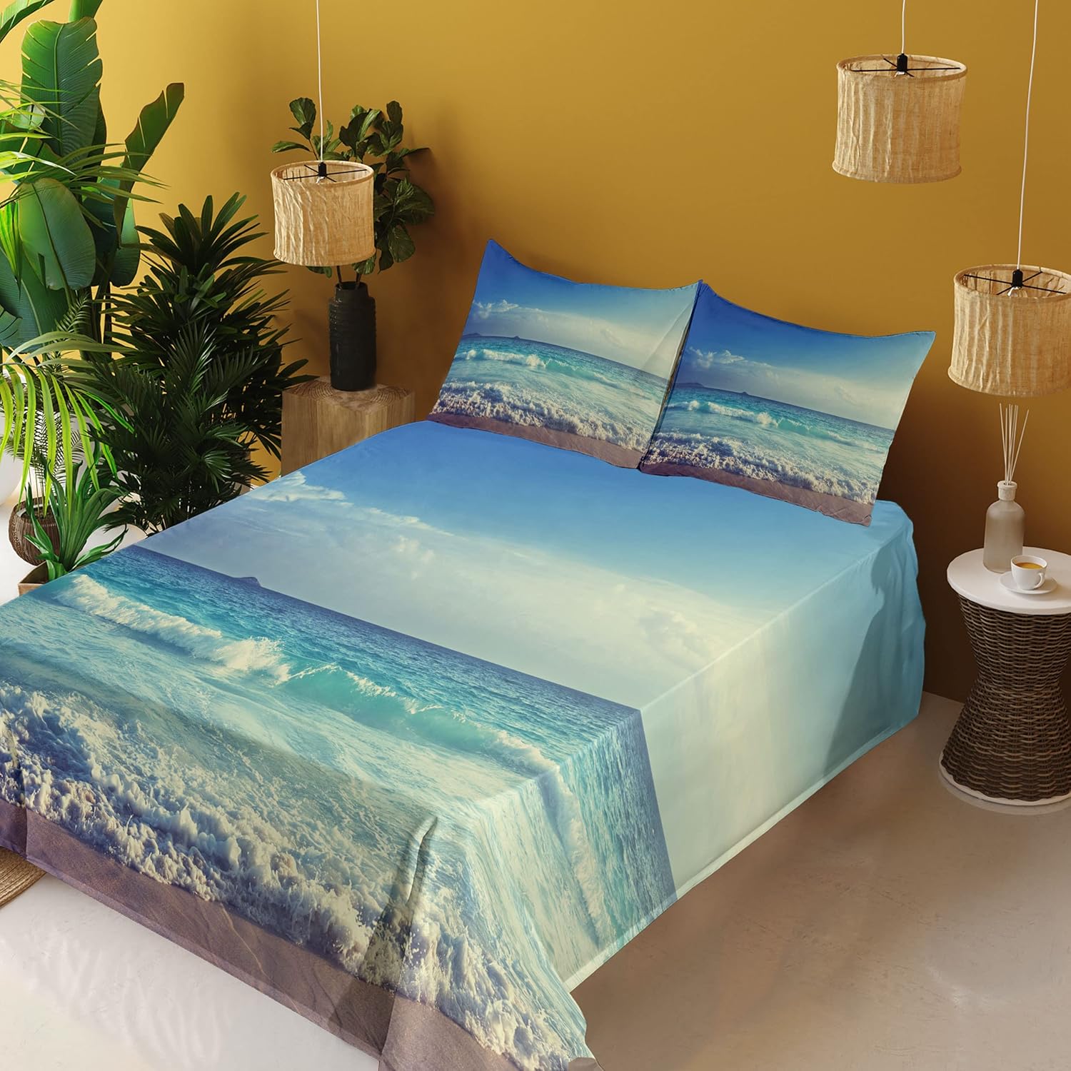 Ambesonne Ocean Sheet Set, Tropical Island Paradise Beach at Sunset Time Waves and The Misty Sea Image, Fitted and Flat Sheet with Pillowcases Bedding Accent 4 Piece Set, Full, Turquoise Cream