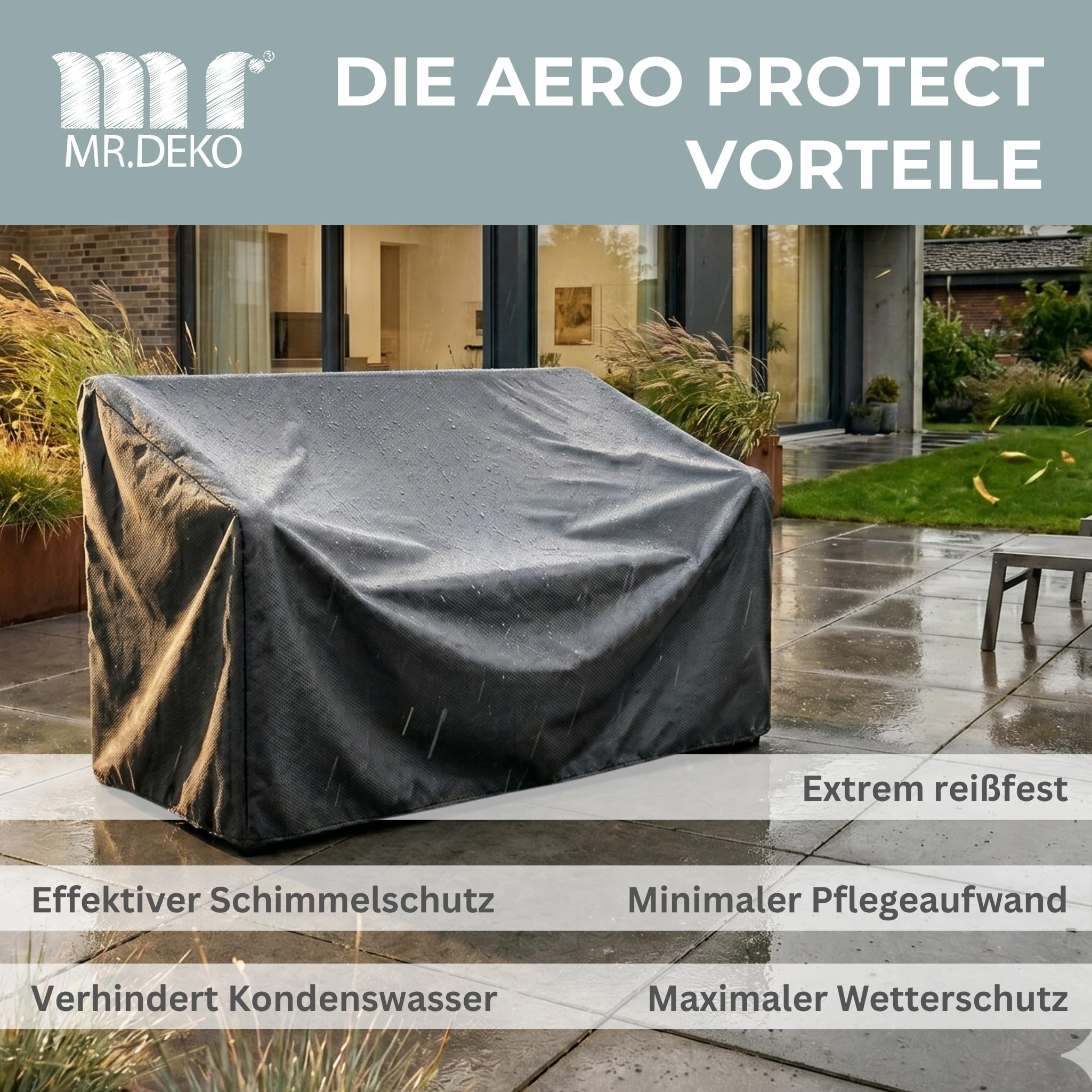 MR. DEKO Schutzhülle Gartenbank 2 Sitzer 130cm Aero Protect Dunkelgrau | Abdeckhaube Gartenmöbel Atmungsaktiv | Schutzhaube Reißfest | Abdeckung Bank Outdoor UV-beständig