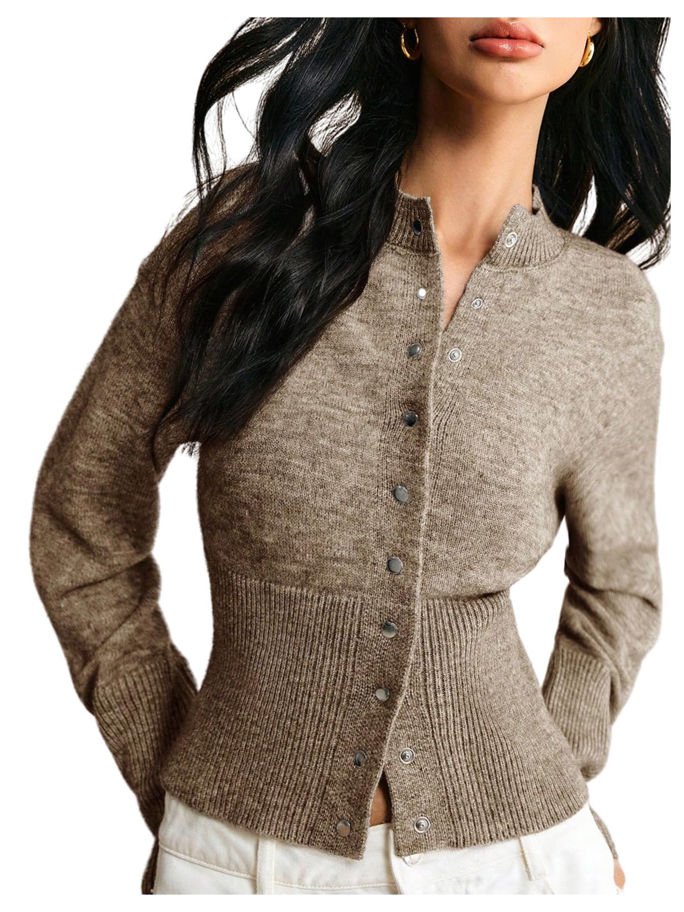 GORGLITTER Womens Button Up Cinched Waist Cropped Cardigan Sweater 2025 Fall Long Sleeve Slim Trendy Knitwear Tops
